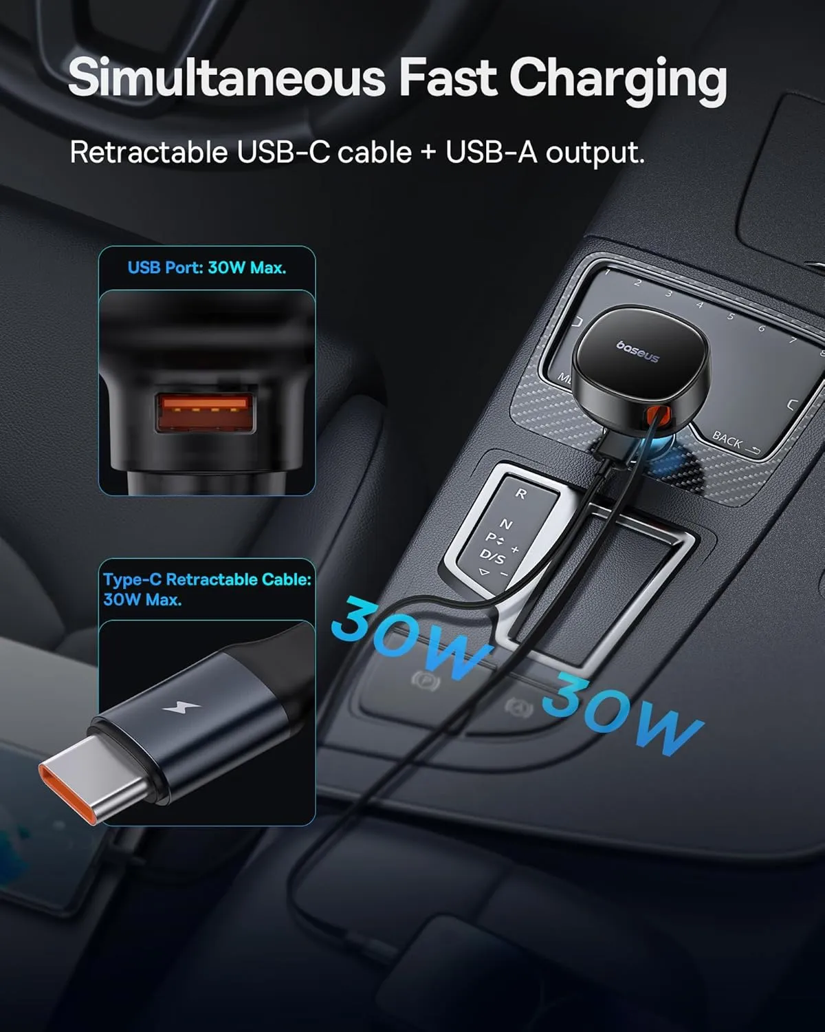 Baseus USB C Car Charger, 60W Retractable Car Charger, Dual Fast Charging, Compatible with iPhone 15/14/13/12 Pro Max, Plus, Samsung Galaxy S23/S22/S21 Ultra, Google Pixel and More