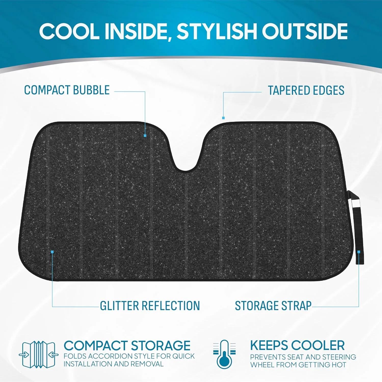 BDK-AS-2511 Front Windshield Shade-Accordion Folding Auto Sunshade for Car Truck SUV-Blocks UV Rays Sun Visor Protector-Keeps Your Vehicle Cool-57 x 27 Inch, Black Glitter