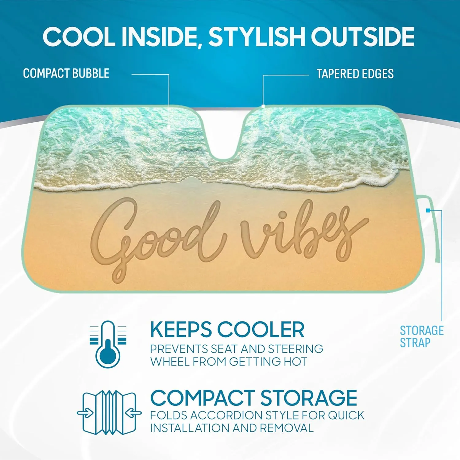 BDK USA Good Vibes Beach Sun Visor for Car Windshield Sunshade - Truck Sun Shade Windshield Cover & Accordion Window Cover Car Shield Sun Protector - Dash Protection to Keep Your Vehicle Cool 58"x27"