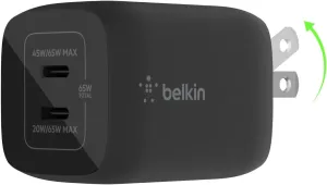 Belkin 65W Dual USB-C Wall Charger, Fast Charging PD 3.0 w/GaN Technology for iPhone Series, iPad Pro 12.9, MacBook, Galaxy Series, Tablet, & More - Black