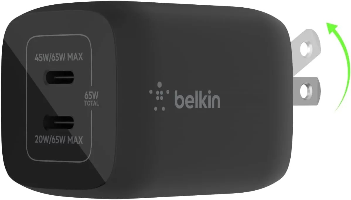 Belkin 65W Dual USB-C Wall Charger, Fast Charging PD 3.0 w/GaN Technology for iPhone Series, iPad Pro 12.9, MacBook, Galaxy Series, Tablet, & More - Black