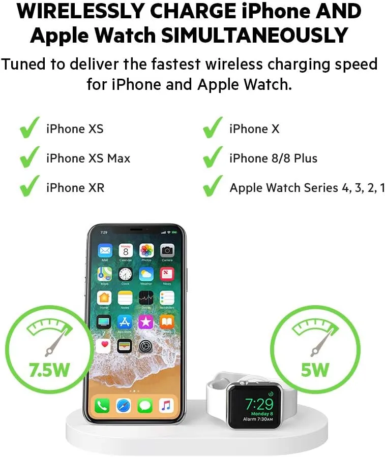 Belkin Boost Up Wireless Charging Dock for iPhone   Apple Watch   USB-A Port (Wireless Charger for iPhone XS, XS Max, XR, X, 8/8 Plus, Apple Watch 4, 3, 2, 1) - White