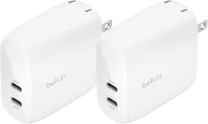 Belkin BoostCharge Dual USB-C Port Wall Charger w/PPS 60W for Apple iPhone, iPad, Samsung Galaxy, Google Pixel, Nintendo Switch 2 - Compatible w/C to Lightning & C to C Cables - White (2-Pack)