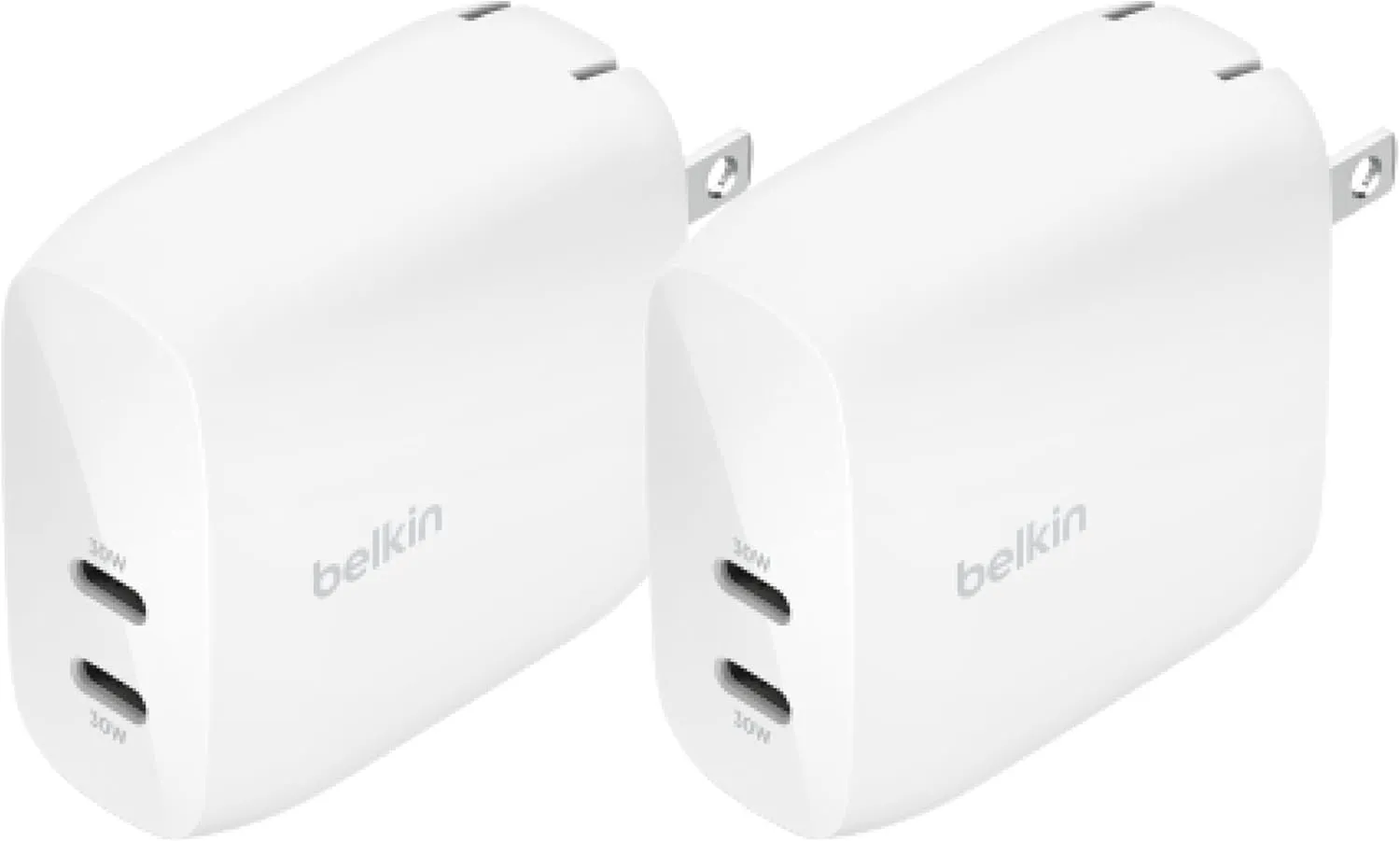 Belkin BoostCharge Dual USB-C Port Wall Charger w/PPS 60W for Apple iPhone, iPad, Samsung Galaxy, Google Pixel, Nintendo Switch 2 - Compatible w/C to Lightning & C to C Cables - White (2-Pack)
