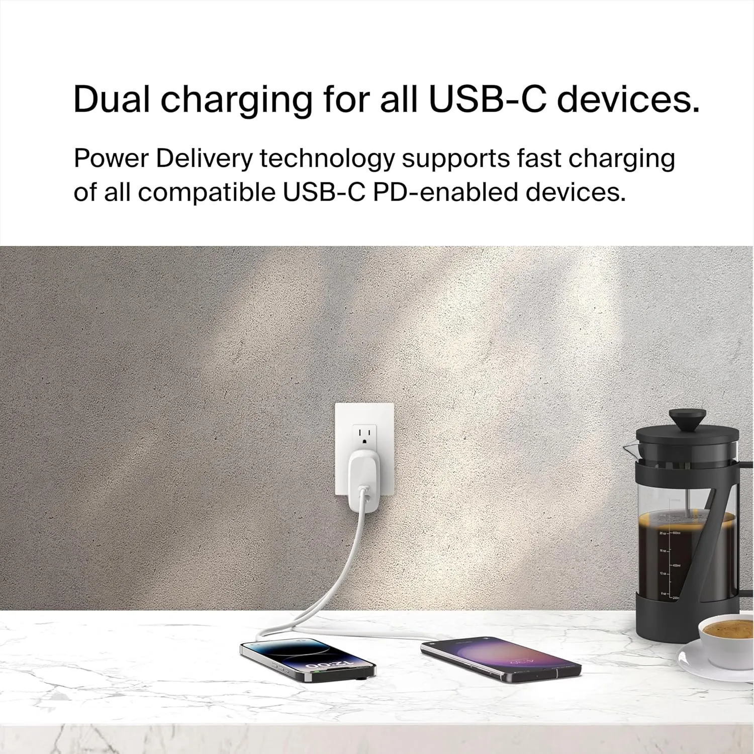 Belkin BoostCharge Dual USB-C Port Wall Charger w/PPS 60W for Apple iPhone, iPad, Samsung Galaxy, Google Pixel, Nintendo Switch 2 - Compatible w/C to Lightning & C to C Cables - White (2-Pack)