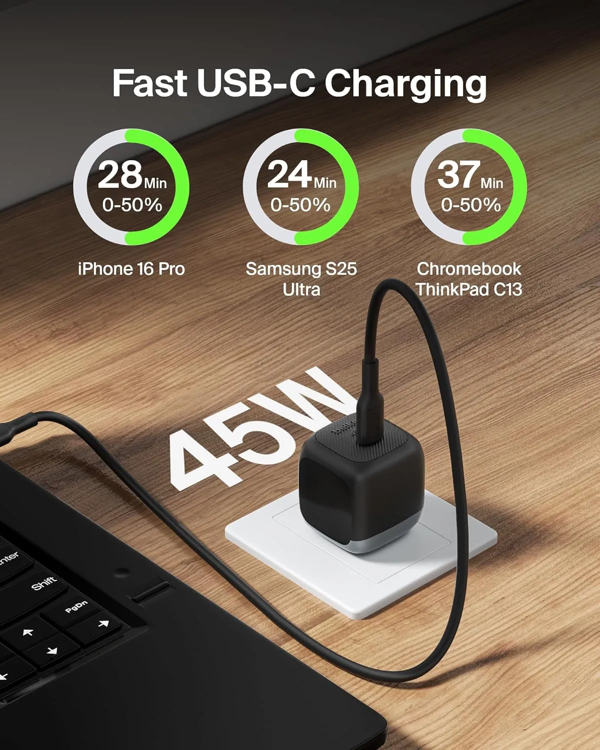 Belkin Compact Wall Charger 45W, USB-C Power Delivery Fast Charging for Apple iPhone 16, 15, 14, 13, Plus, Pro, Pro Max, Samsung Galaxy S25, Galaxy S24, Pixel 9, MacBook, iPad, AirPods, & More - Black