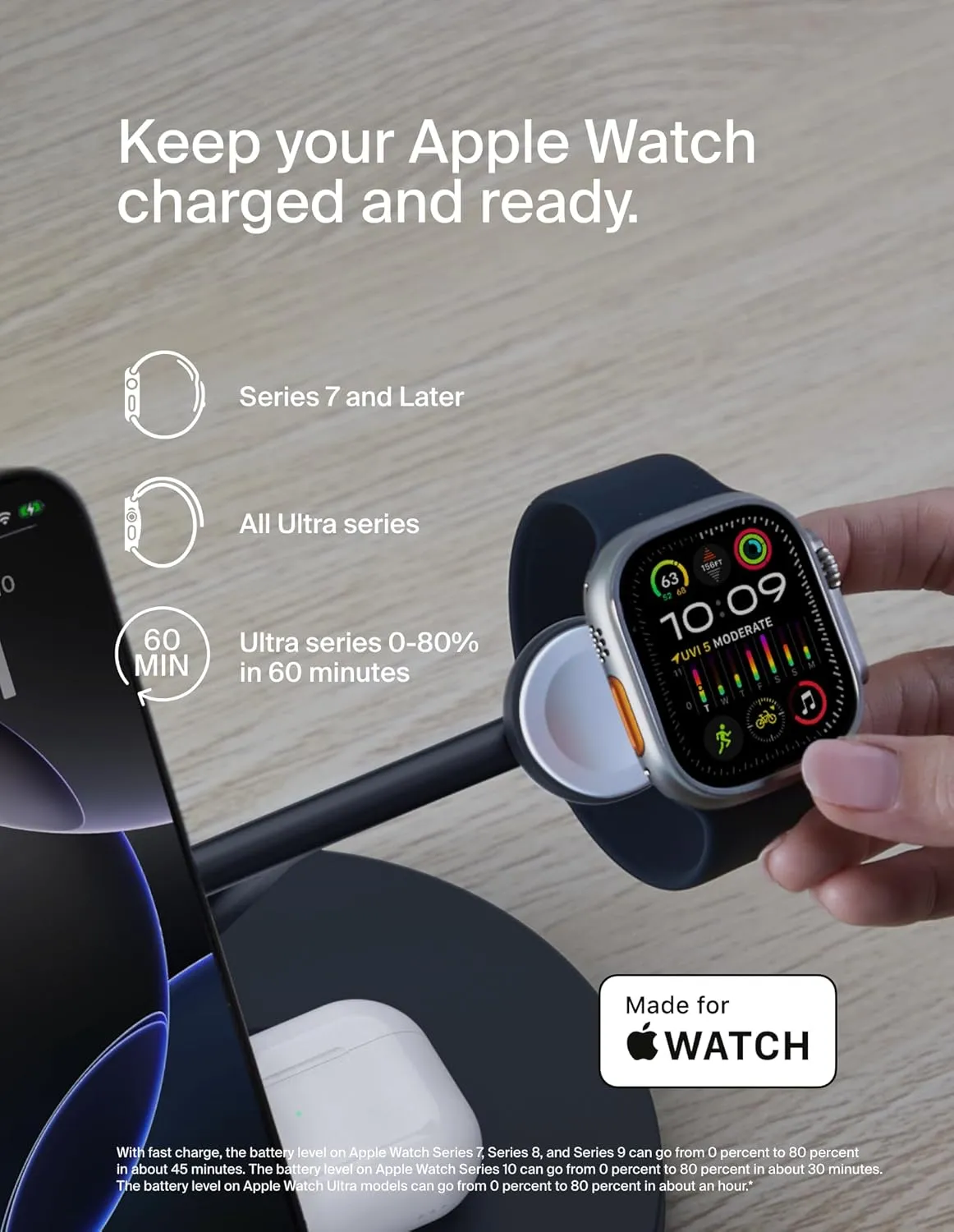 Belkin MagSafe-Compatible Charger, 3-in-1 Wireless Charging Station, Qi2-Certified 15W Wireless Charger for Apple iPhone 16 Series, Apple Watch, AirPods w/Non-Slip Base, 40W Charger Included - Black