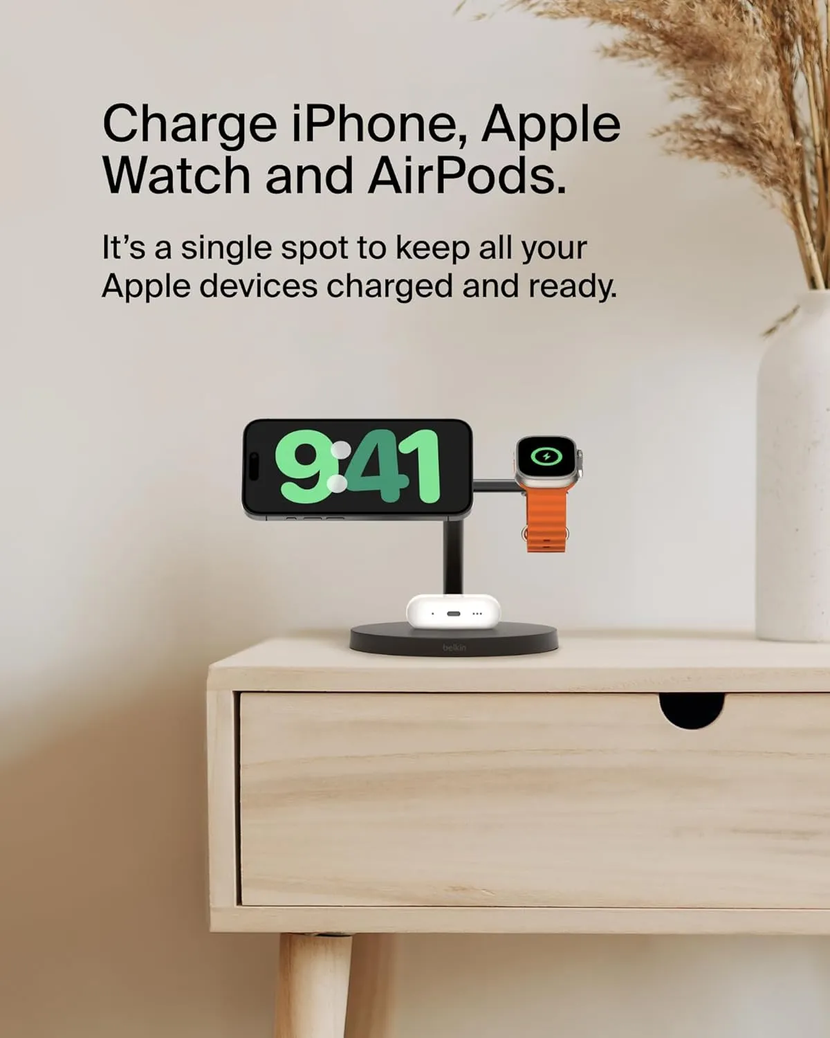 Belkin MagSafe-Compatible Charger, 3-in-1 Wireless Charging Station, Qi2-Certified 15W Wireless Charger for Apple iPhone 16 Series, Apple Watch, AirPods w/Non-Slip Base, 40W Charger Included - Black