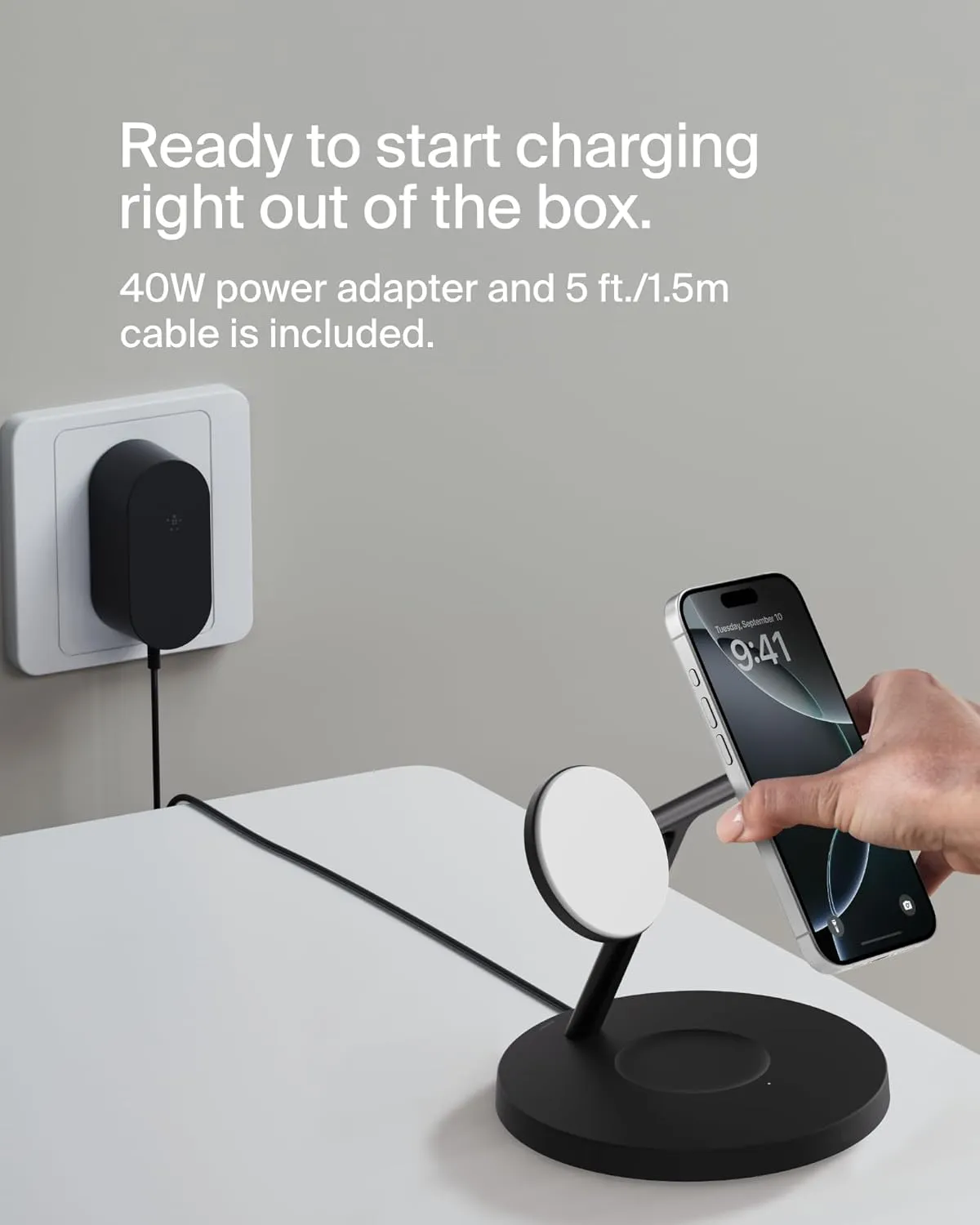 Belkin MagSafe-Compatible Charger, 3-in-1 Wireless Charging Station, Qi2-Certified 15W Wireless Charger for Apple iPhone 16 Series, Apple Watch, AirPods w/Non-Slip Base, 40W Charger Included - Black