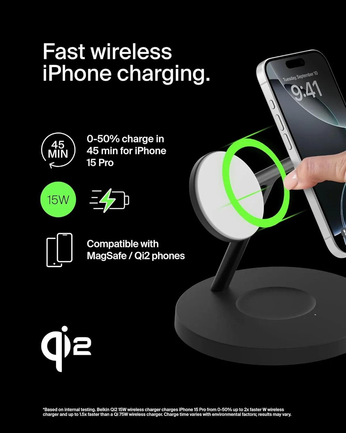 Belkin MagSafe-Compatible Charger, 3-in-1 Wireless Charging Station, Qi2-Certified 15W Wireless Charger for Apple iPhone 16 Series, Apple Watch, AirPods w/Non-Slip Base, 40W Charger Included - Black