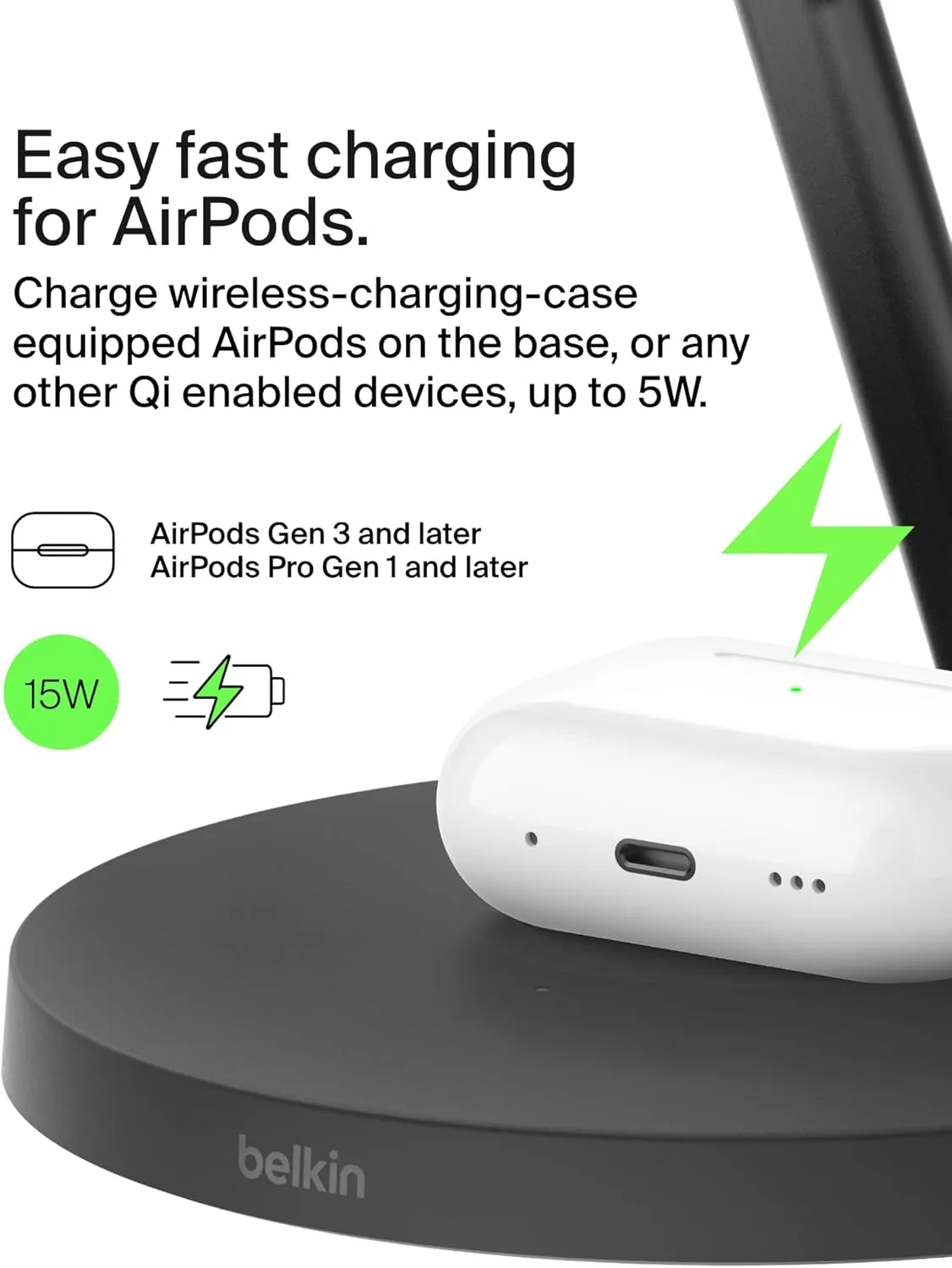 Belkin MagSafe-Compatible Charger, 3-in-1 Wireless Charging Station, Qi2-Certified 15W Wireless Charger for Apple iPhone 16 Series, Apple Watch, AirPods w/Non-Slip Base, 40W Charger Included - Black