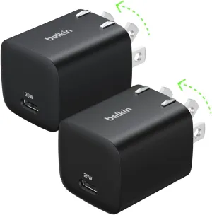Belkin USB C Charger Block 25W (2 Pack) – PD3.0 PPS Fast Charging - Samsung Galaxy S25, S24, S23, S22, Apple iPhone 16, iPhone 15/14/13 Plus, Pro, Pro Max, Google Pixel 9, Nintendo Switch, etc - Black