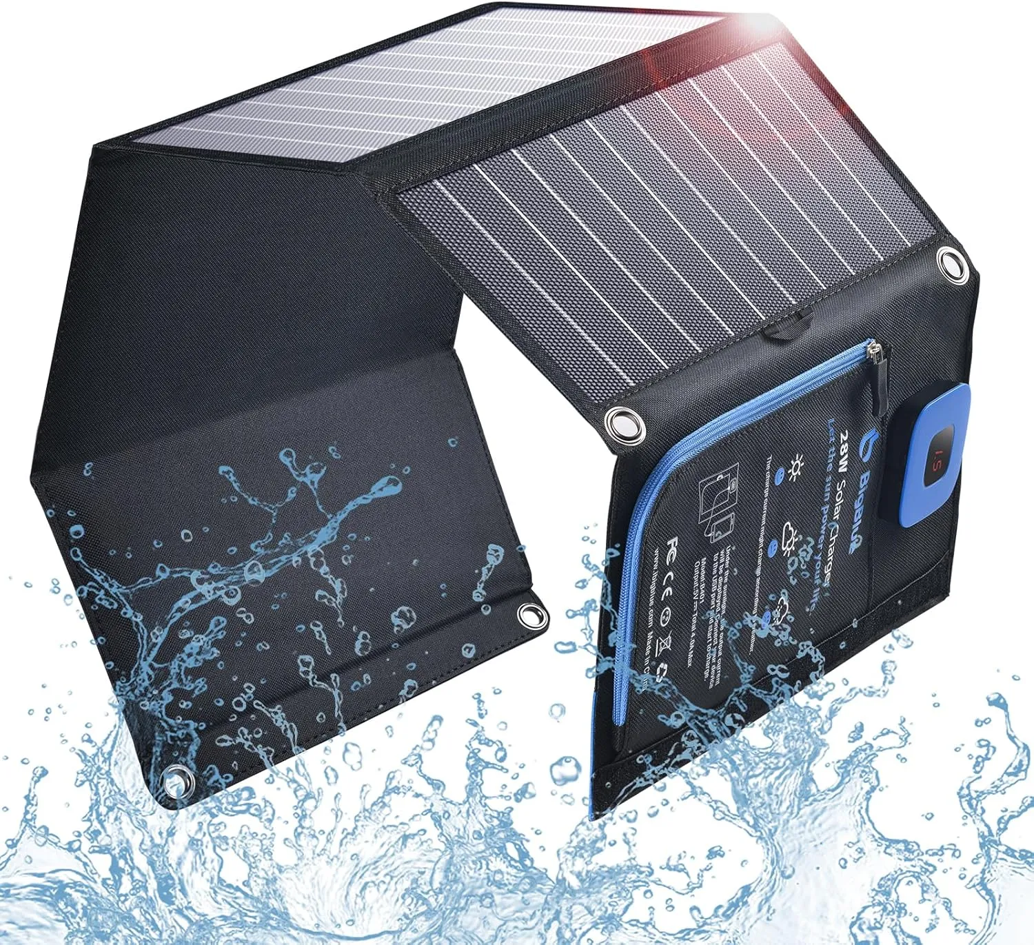 BigBlue Portable Solar Charger 28W with Digital Ammeter, 25.4% High-Efficiency, Dual USB Ports, Folding Waterproof Solar Panels with Carabiners for Camping, Backpacking, Phones, Tablets, Power Bank