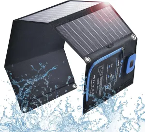 BigBlue Portable Solar Charger 28W with Digital Ammeter, 25.4% High-Efficiency, Dual USB Ports, Folding Waterproof Solar Panels with Carabiners for Camping, Backpacking, Phones, Tablets, Power Bank