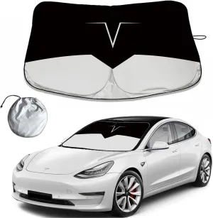 Black Car Windshield Sun Shade for Tesla Model 3/ Y/S/X, Quick Fold with Storage Bag, Protect The Vehicle from High Temperature Damage and Uv Reflection for Tesla Accessories