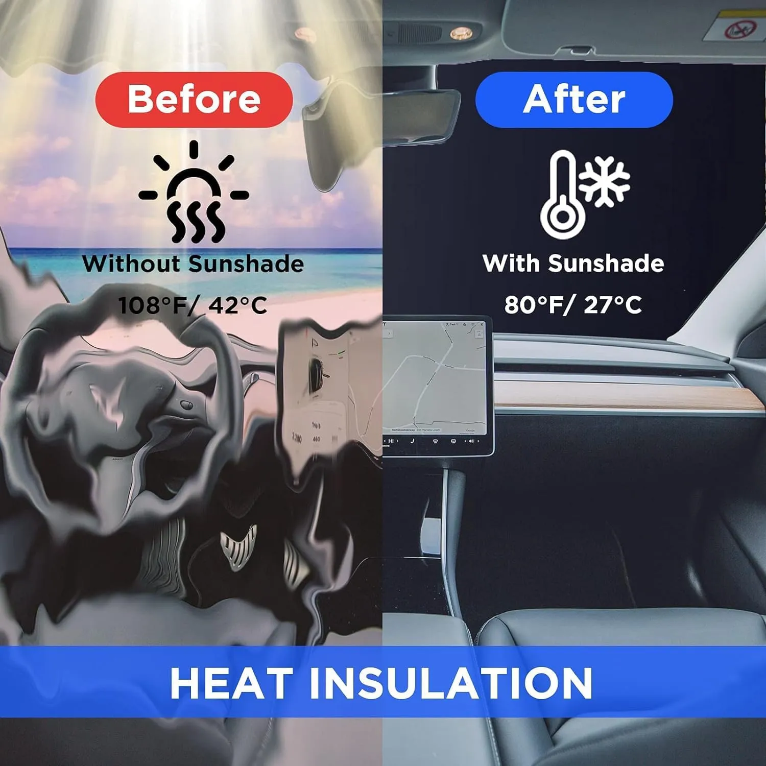 Black Car Windshield Sun Shade for Tesla Model 3/ Y/S/X, Quick Fold with Storage Bag, Protect The Vehicle from High Temperature Damage and Uv Reflection for Tesla Accessories