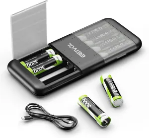 Black Charger with 8-Pack 3000mWh Lithium-ion AA Rechargeable Batteries, 1.5V, Independent Slots, 350mA Fast Charge, USB-C Input, Slim & Portable Design