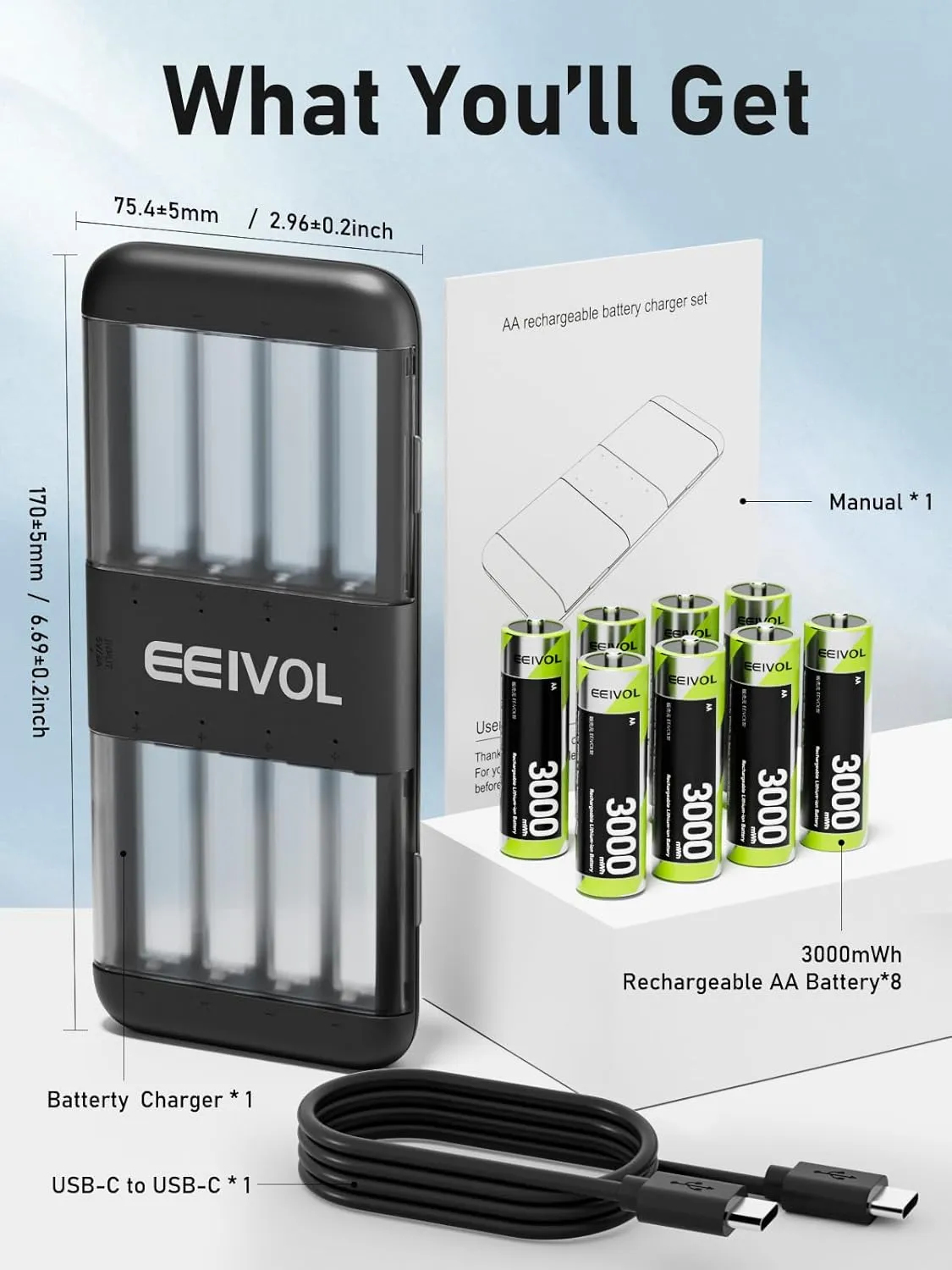 Black Charger with 8-Pack 3000mWh Lithium-ion AA Rechargeable Batteries, 1.5V, Independent Slots, 350mA Fast Charge, USB-C Input, Slim & Portable Design