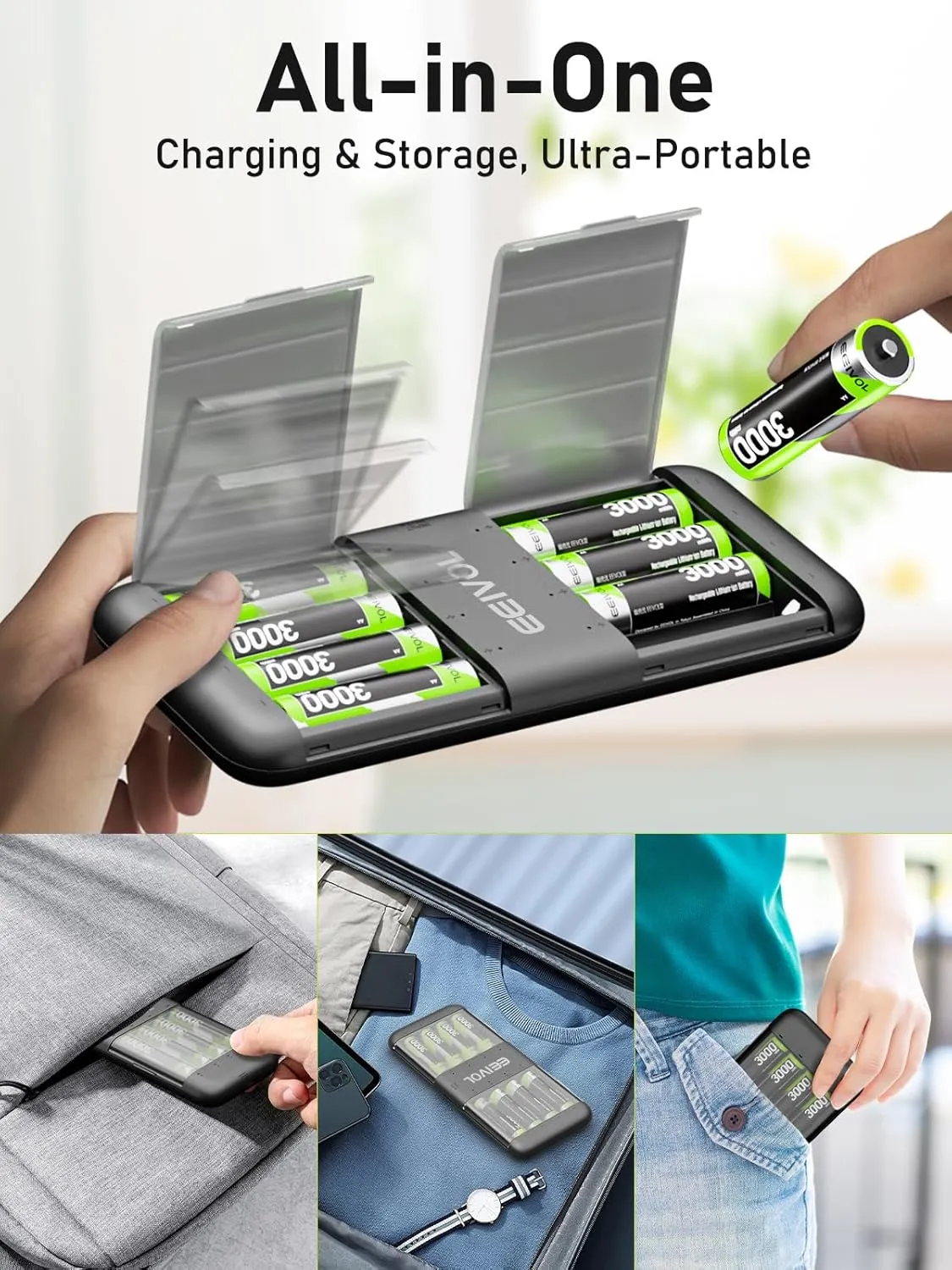 Black Charger with 8-Pack 3000mWh Lithium-ion AA Rechargeable Batteries, 1.5V, Independent Slots, 350mA Fast Charge, USB-C Input, Slim & Portable Design