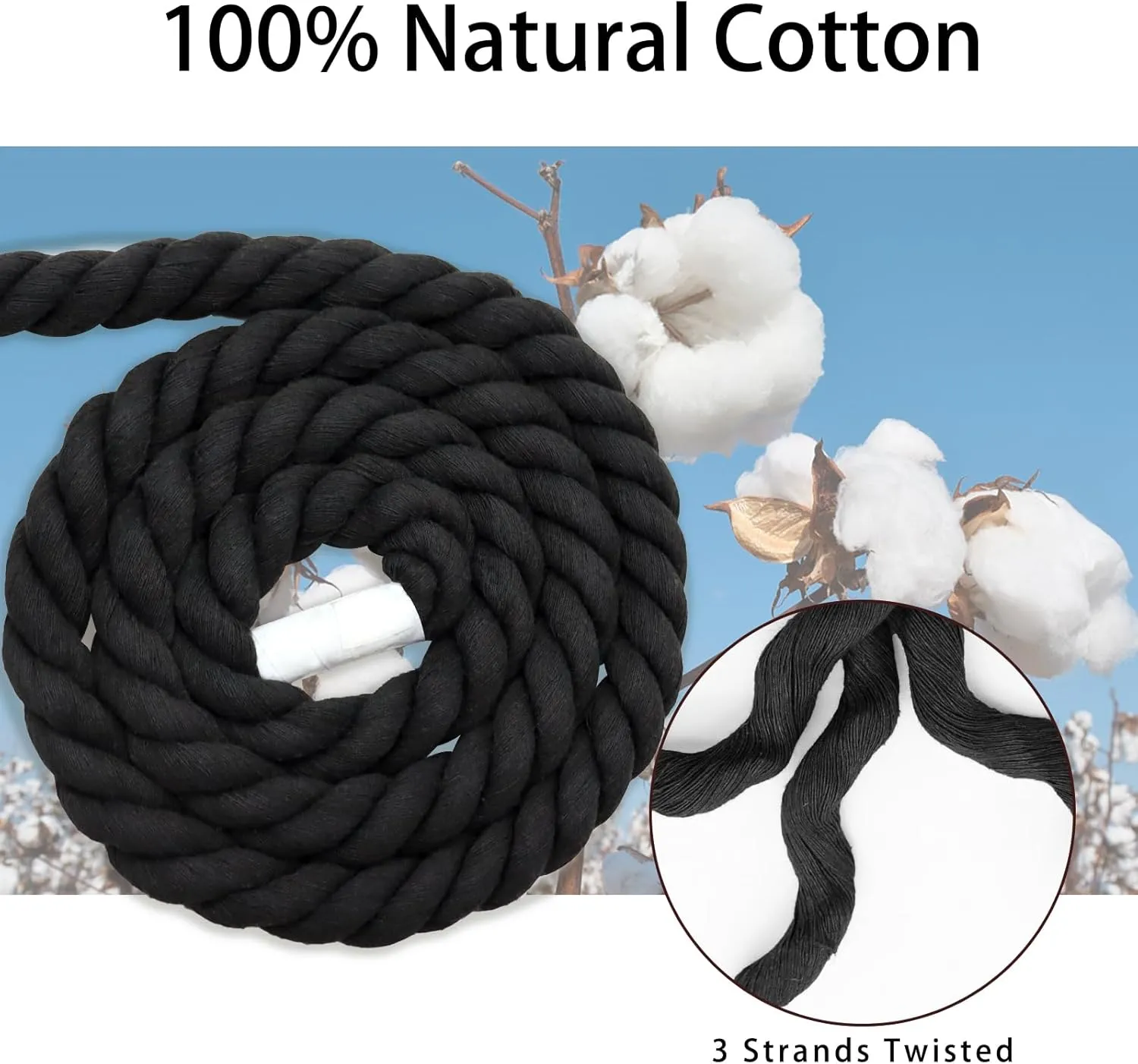 Black Cotton Rope 3/4 inch x 50 feet Strong Thick Rope for Hanging Swing Home Decor Tug of War