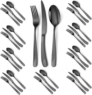 Black Hammered Flatware Set for 10 Rustproof Stainless Steel Silverware Cutlery 30 Pcs Dinner Knife Forks and Spoons Dinning Tableware Utensils for Home and Restaurant Lunch Dinner