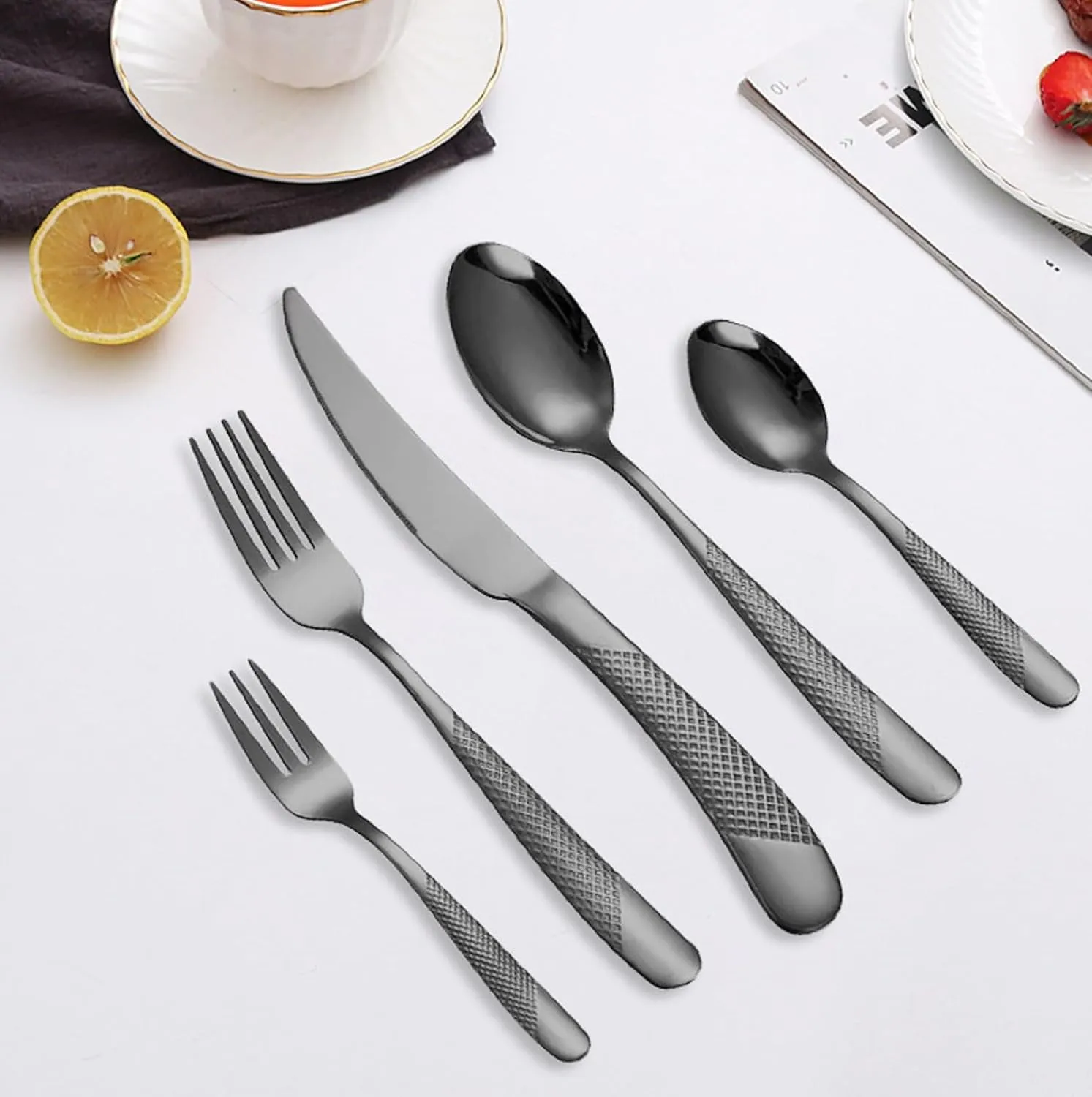 Black Hammered Flatware Set for 10 Rustproof Stainless Steel Silverware Cutlery 30 Pcs Dinner Knife Forks and Spoons Dinning Tableware Utensils for Home and Restaurant Lunch Dinner