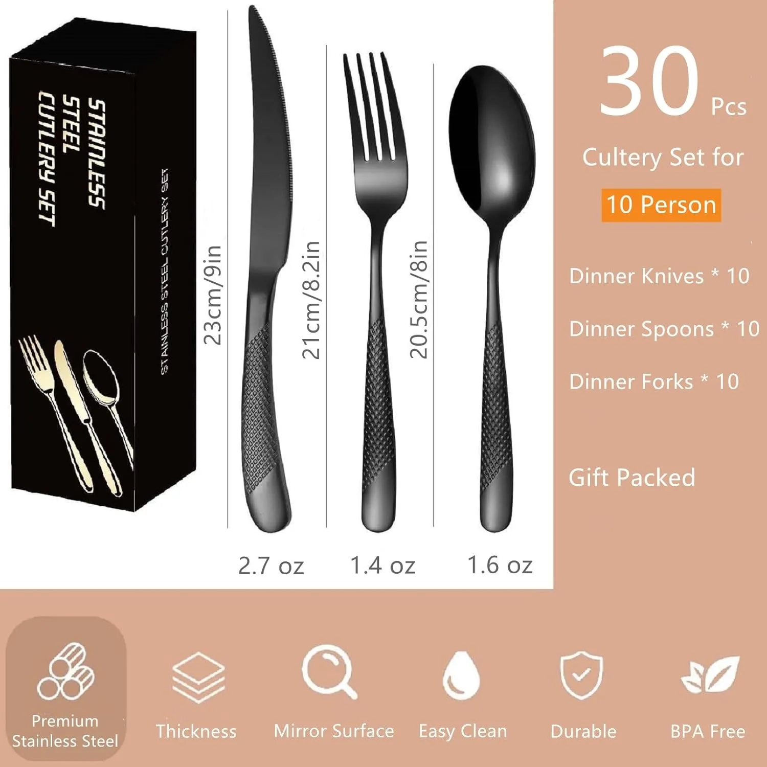 Black Hammered Flatware Set for 10 Rustproof Stainless Steel Silverware Cutlery 30 Pcs Dinner Knife Forks and Spoons Dinning Tableware Utensils for Home and Restaurant Lunch Dinner