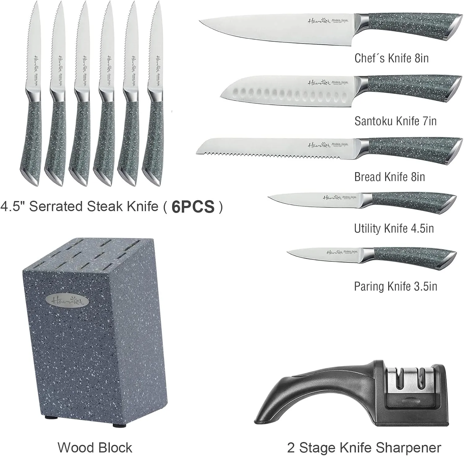Block Knife Set, Harriet 13 Piece Marbling Kitchen Knife Set with Sharpener, High-Carbon Rustproof Stainless Steel Chef Knife Set with Non-Stick Blades