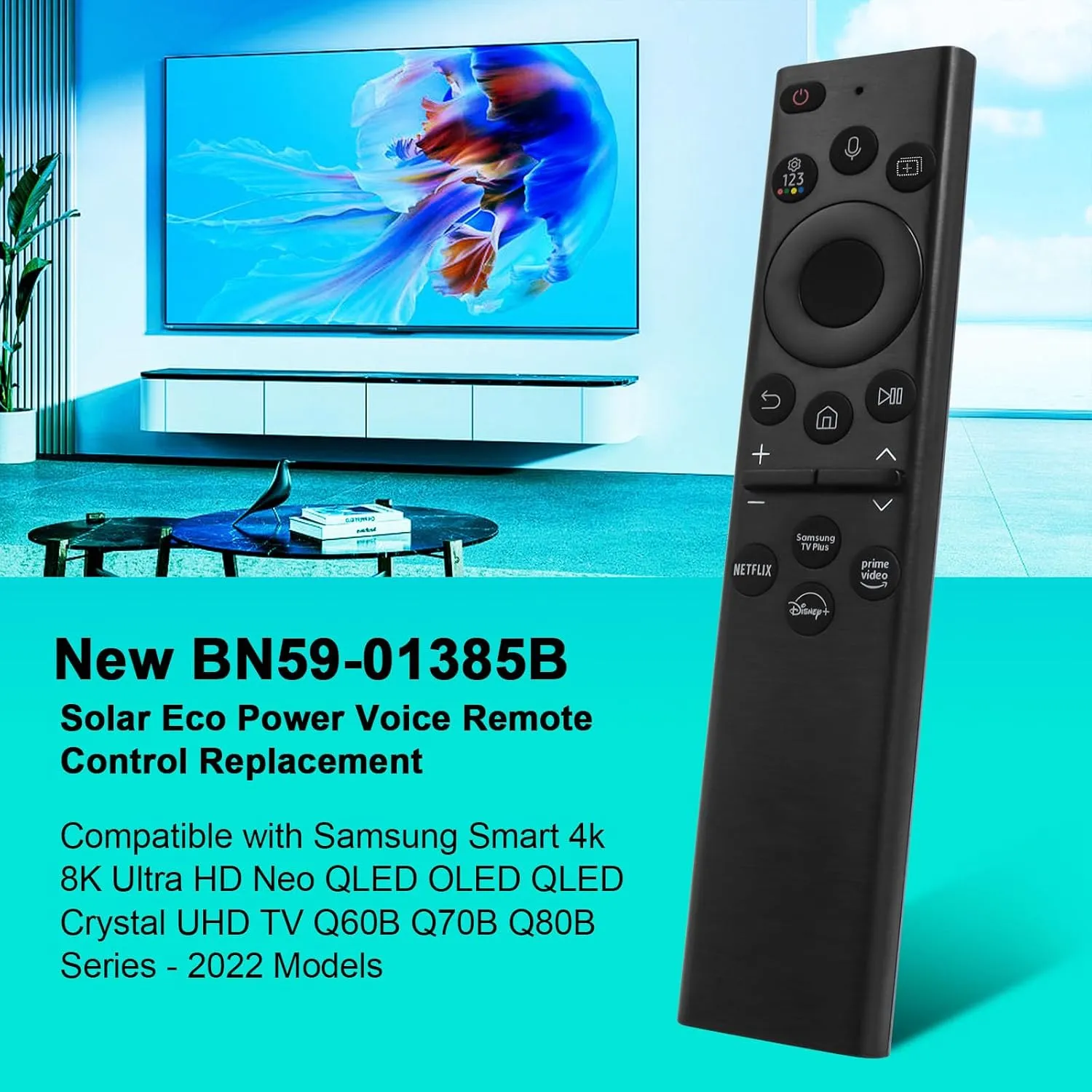 BN59-01385A Solar Voice Remote Replacement for Samsung Frame Smart TV Remote with Bluetooth Rechargeable Solar Cell, Compatible with Samsung 2021-2022 Neo LED 4K Ultra HD TV, 4 Shortcut Buttons, Black