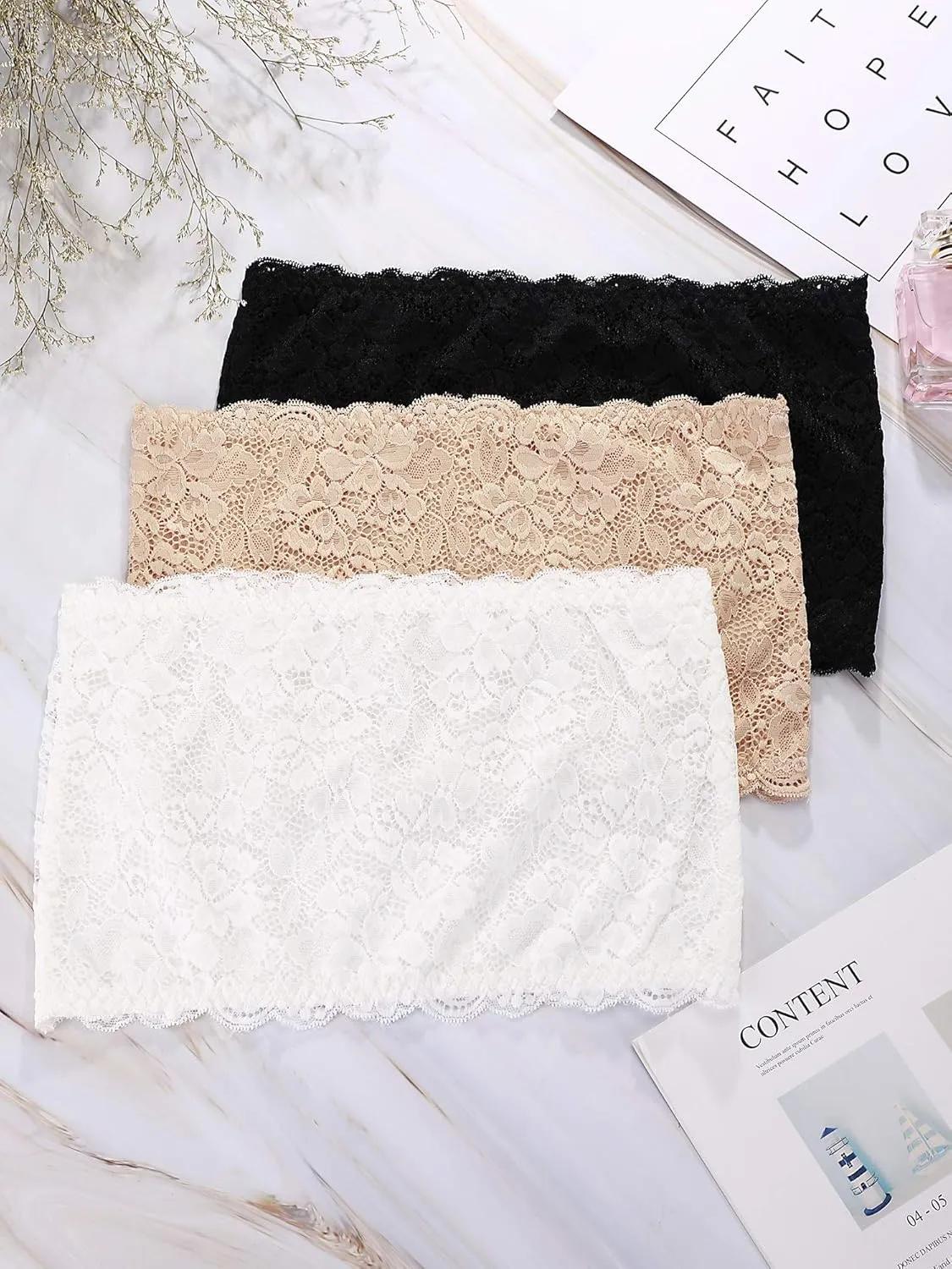 Boao 3 Pieces Women's Floral Lace Tube Top Bandeau Strapless Bras Seamless Stretchy Chest Wrap