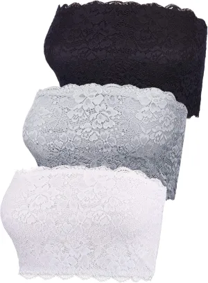 Boao 3 Pieces Women's Floral Lace Tube Top Bandeau Strapless Bras Seamless Stretchy Chest Wrap