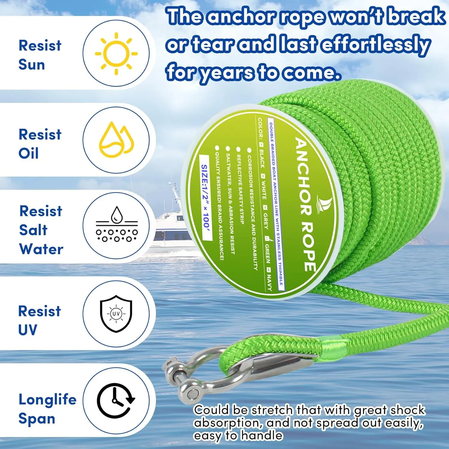 Boat Anchor Rope 100 ft x 1/2 inch Grass Green, Double Braided Anchor Line with Stainless Steel Thimble & Shackle, Marine Rope Ideal for Towing,Mooring,Decks,Anchoring,for Boats Up to 35'