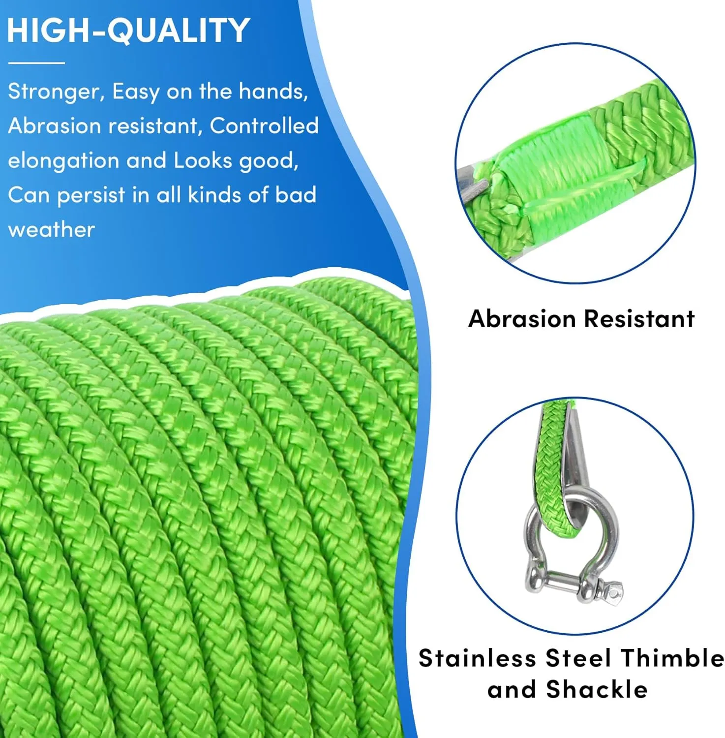 Boat Anchor Rope 100 ft x 1/2 inch Grass Green, Double Braided Anchor Line with Stainless Steel Thimble & Shackle, Marine Rope Ideal for Towing,Mooring,Decks,Anchoring,for Boats Up to 35'