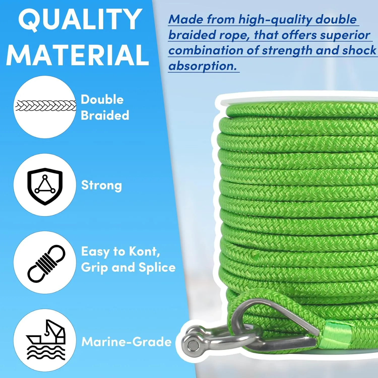 Boat Anchor Rope 100 ft x 1/2 inch Grass Green, Double Braided Anchor Line with Stainless Steel Thimble & Shackle, Marine Rope Ideal for Towing,Mooring,Decks,Anchoring,for Boats Up to 35'