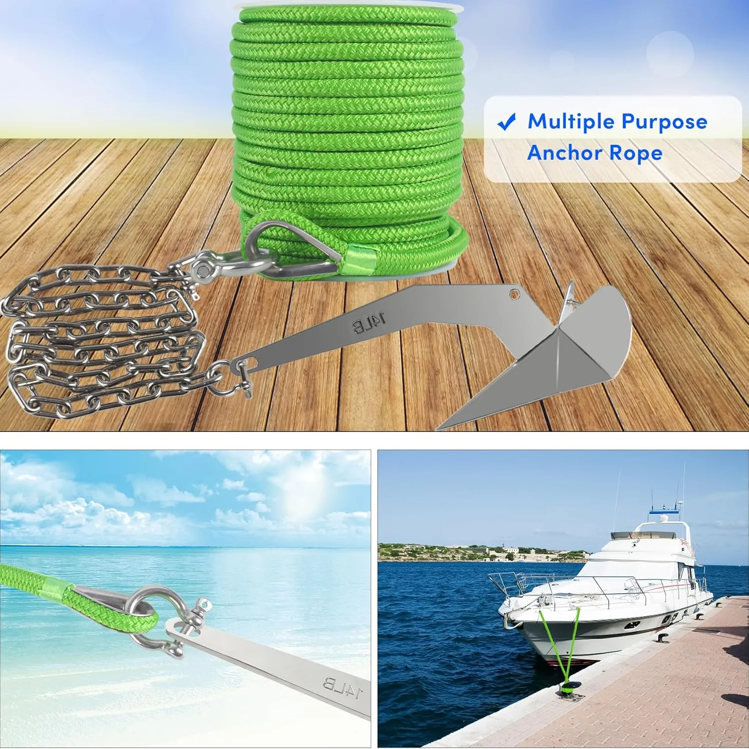 Boat Anchor Rope 100 ft x 1/2 inch Grass Green, Double Braided Anchor Line with Stainless Steel Thimble & Shackle, Marine Rope Ideal for Towing,Mooring,Decks,Anchoring,for Boats Up to 35'