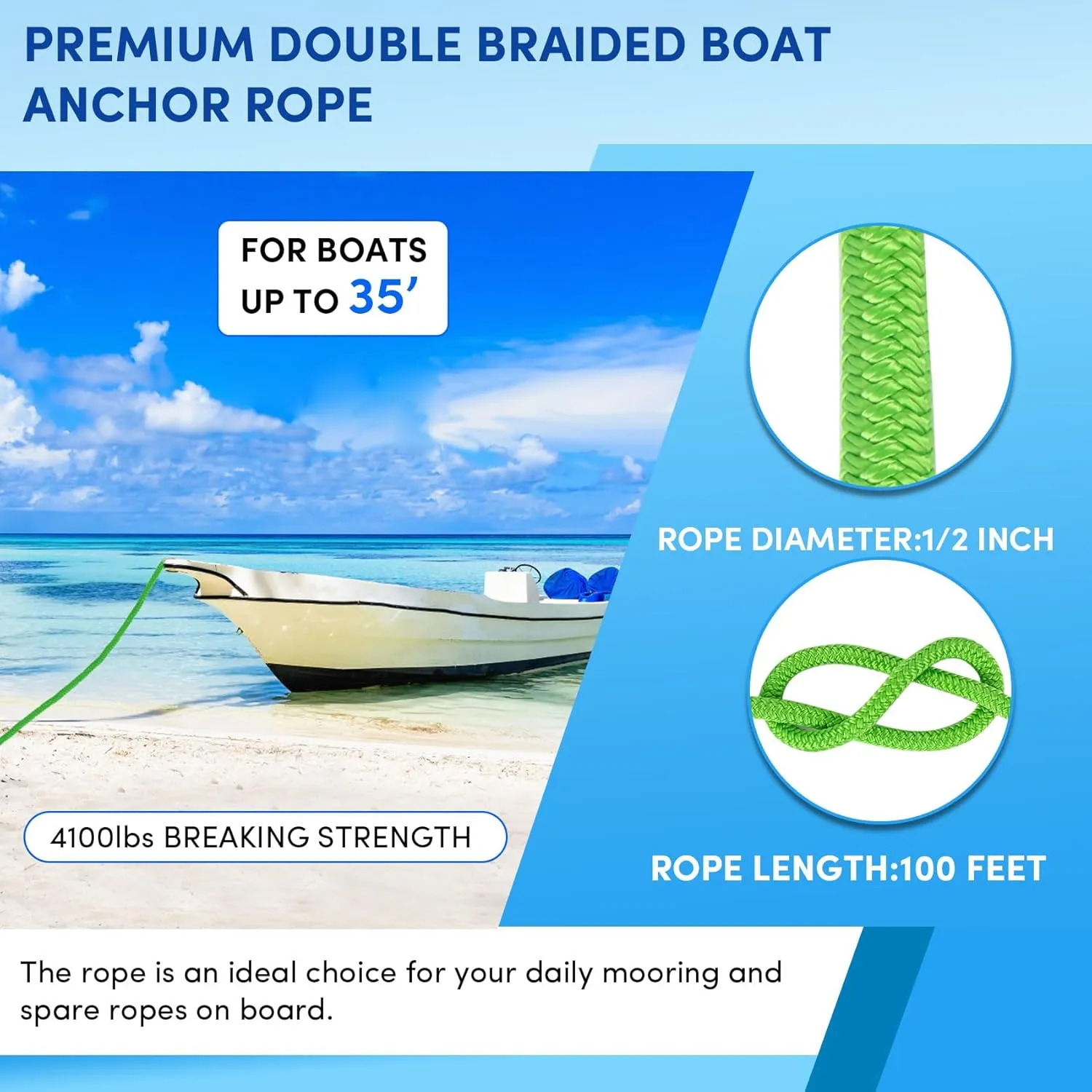 Boat Anchor Rope 100 ft x 1/2 inch Grass Green, Double Braided Anchor Line with Stainless Steel Thimble & Shackle, Marine Rope Ideal for Towing,Mooring,Decks,Anchoring,for Boats Up to 35'