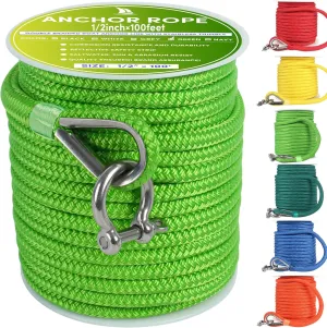 Boat Anchor Rope 100 ft x 1/2 inch Grass Green, Double Braided Anchor Line with Stainless Steel Thimble & Shackle, Marine Rope Ideal for Towing,Mooring,Decks,Anchoring,for Boats Up to 35'
