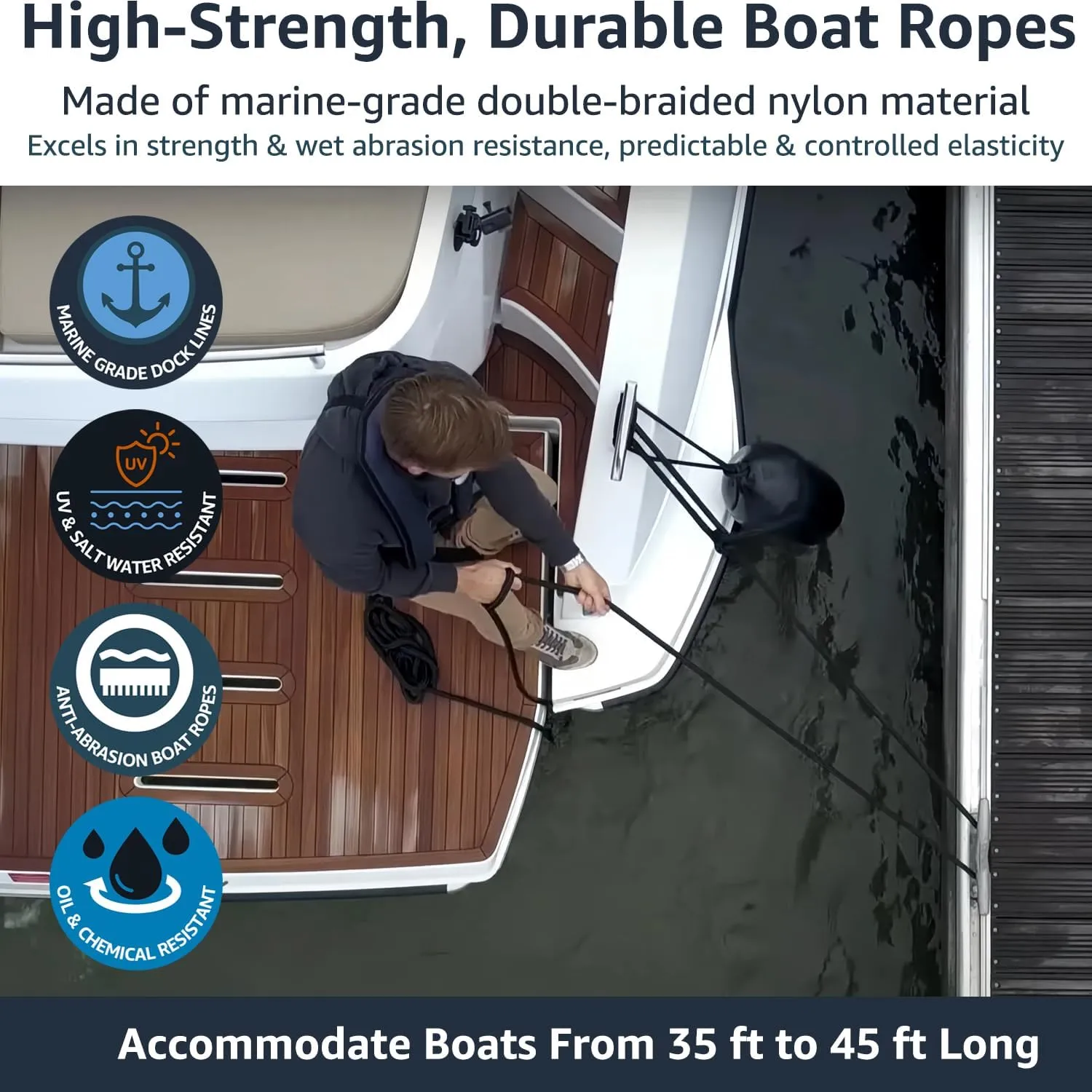 Boat Dock Lines 5/8" x 15' - Double Braided Nylon Boat Ropes for Docking with 15" Loop, Marine-Grade High Strength Boat Lines Dock Rope, Premium Marine Rope Mooring Lines, Easy Handling - 4 Pack,Black