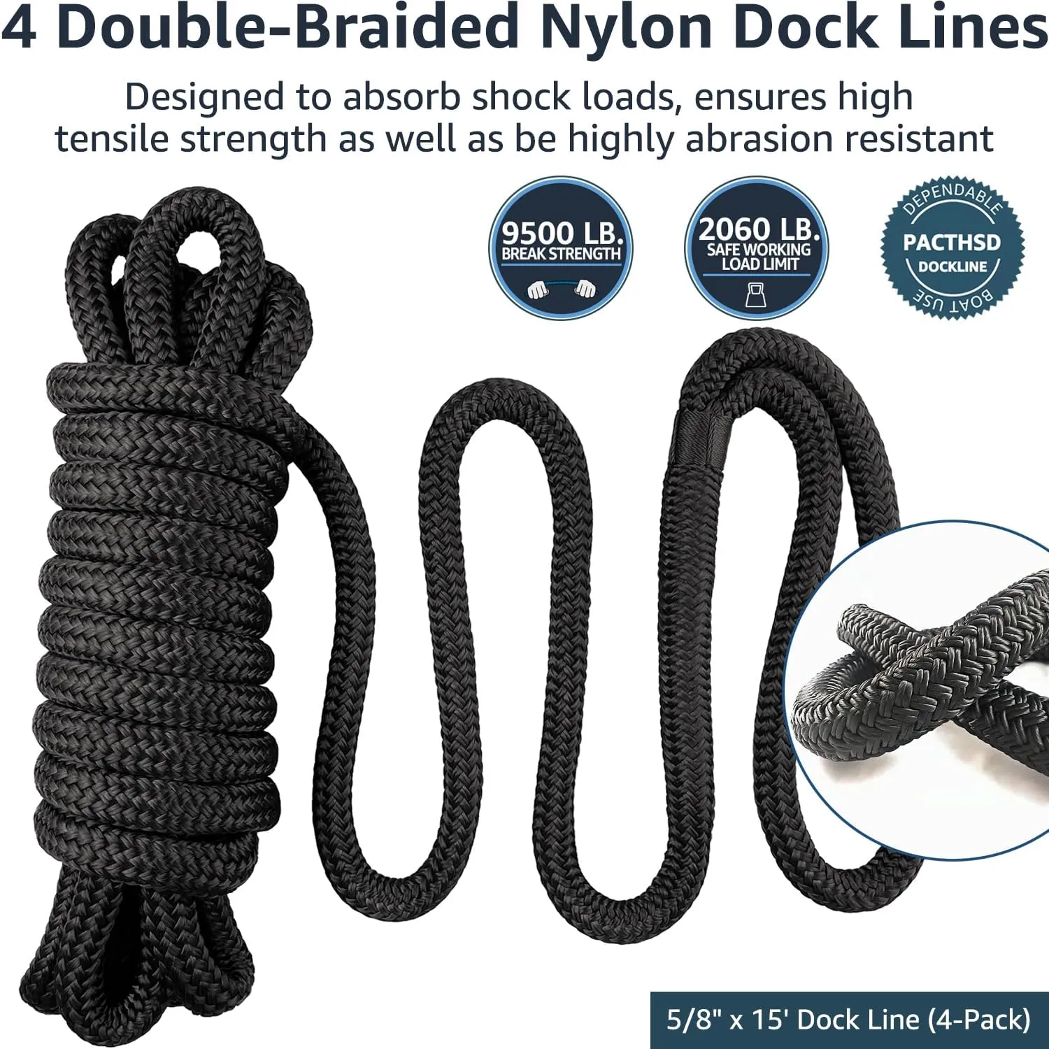 Boat Dock Lines 5/8" x 15' - Double Braided Nylon Boat Ropes for Docking with 15" Loop, Marine-Grade High Strength Boat Lines Dock Rope, Premium Marine Rope Mooring Lines, Easy Handling - 4 Pack,Black