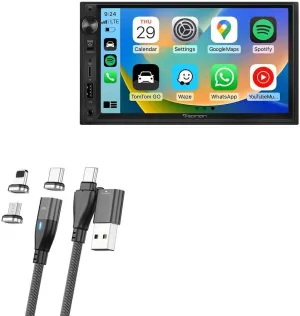 BoxWave Cable Compatible with Eonon X3 QLED Linux Double Din Car Stereo (7 in) - MagnetoSnap PD AllCharge Cable (100W), Magnet Charging Braided USB Type-C Micro - Jet Black