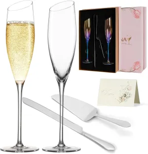 Bride and Groom Champagne Glasses Set of 2,Wedding Gifts for Couples 2025, Iridescent Crystal Wedding Champange Flutes and Cake Server Sets Engagement Newlyweds-6oz