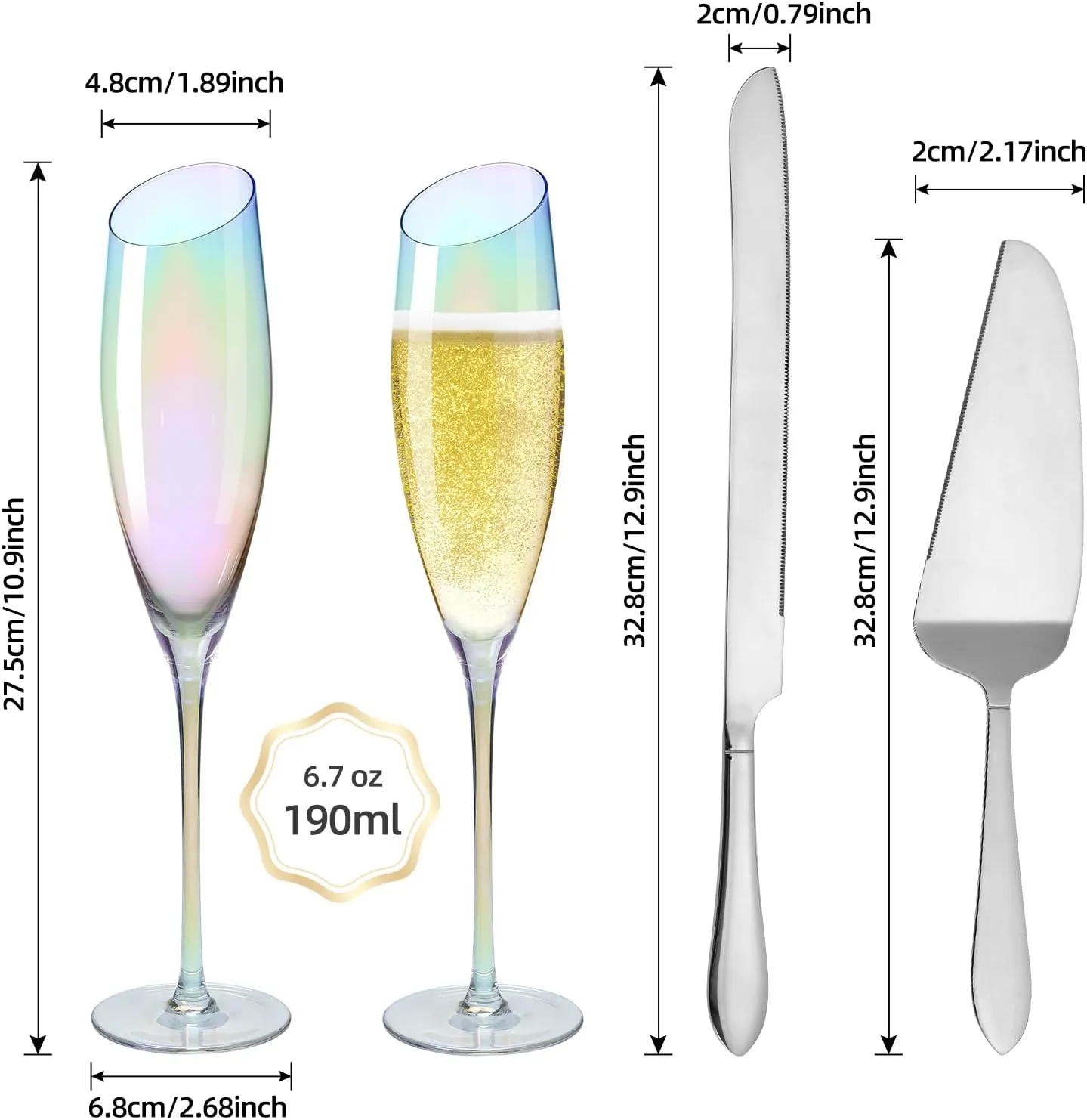 Bride and Groom Champagne Glasses Set of 2,Wedding Gifts for Couples 2025, Iridescent Crystal Wedding Champange Flutes and Cake Server Sets Engagement Newlyweds-6oz