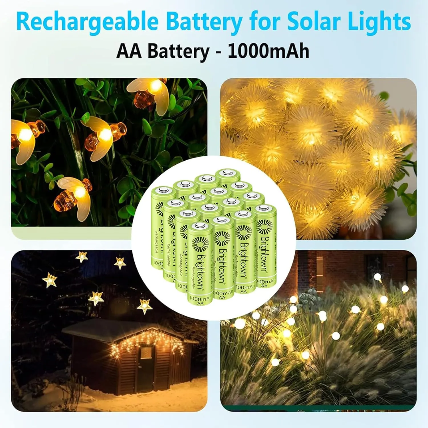 Brightown 24 Pack Rechargeable Battery AA, NiMH Pre Charged Double A Battery for Solar Lights and Household Devices, Recharge up to 1000 Cycles