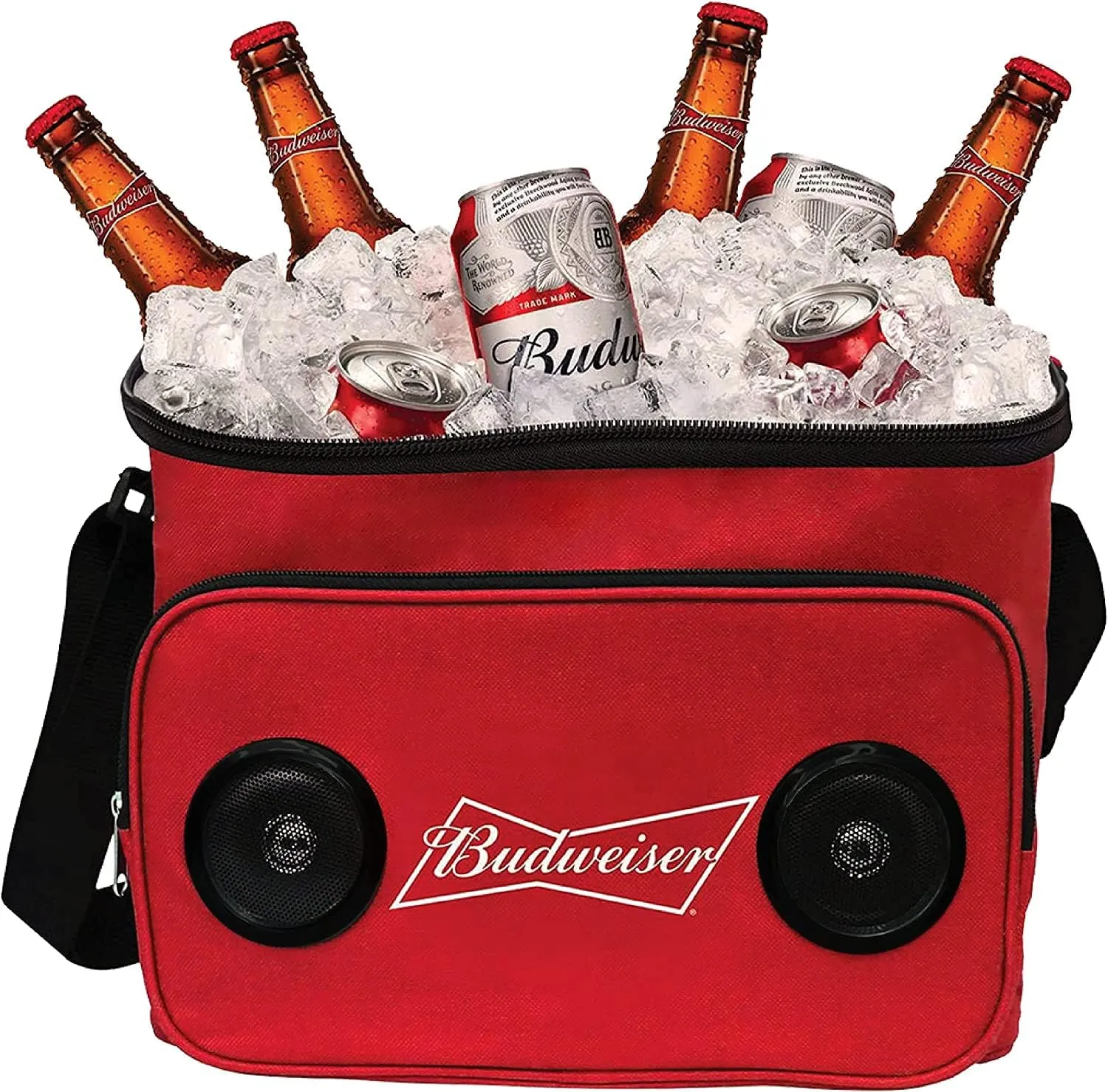 Budweiser Soft Cooler Bag with Built-in Rechargeable Wireless Bluetooth Speakers Foldable and Portable Durable and Material Compatible for Smartphones, Tablets & MP3 Players