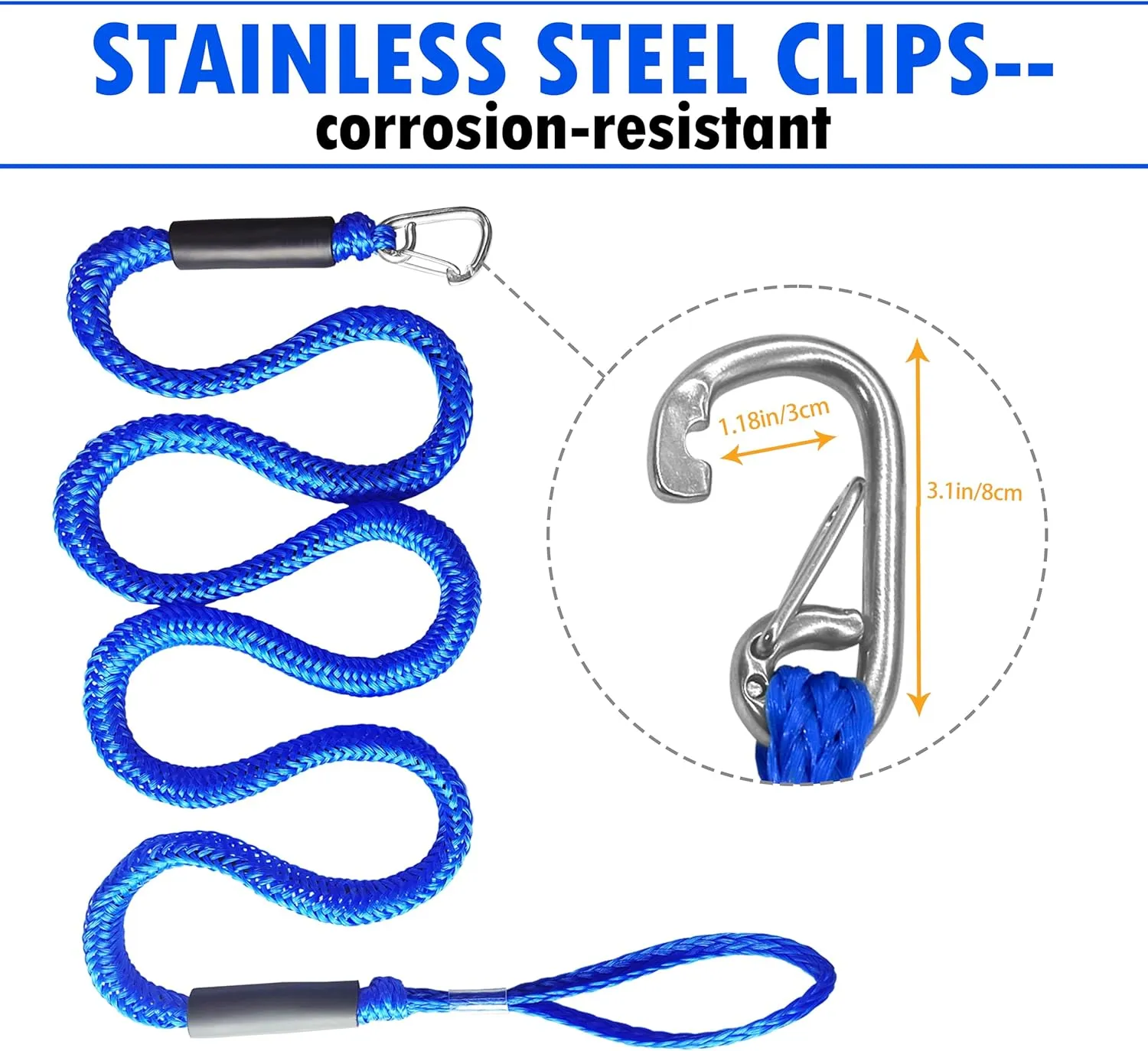 Bungee Cord Dock Line with Stainless Steel Clip Boat Rope Mooring String with Foam Float for Docking,Kayak,Watercraft,SeaDoo,Jet Ski,Pontoon,Canoe,Power Boat Accessory,7-10ft