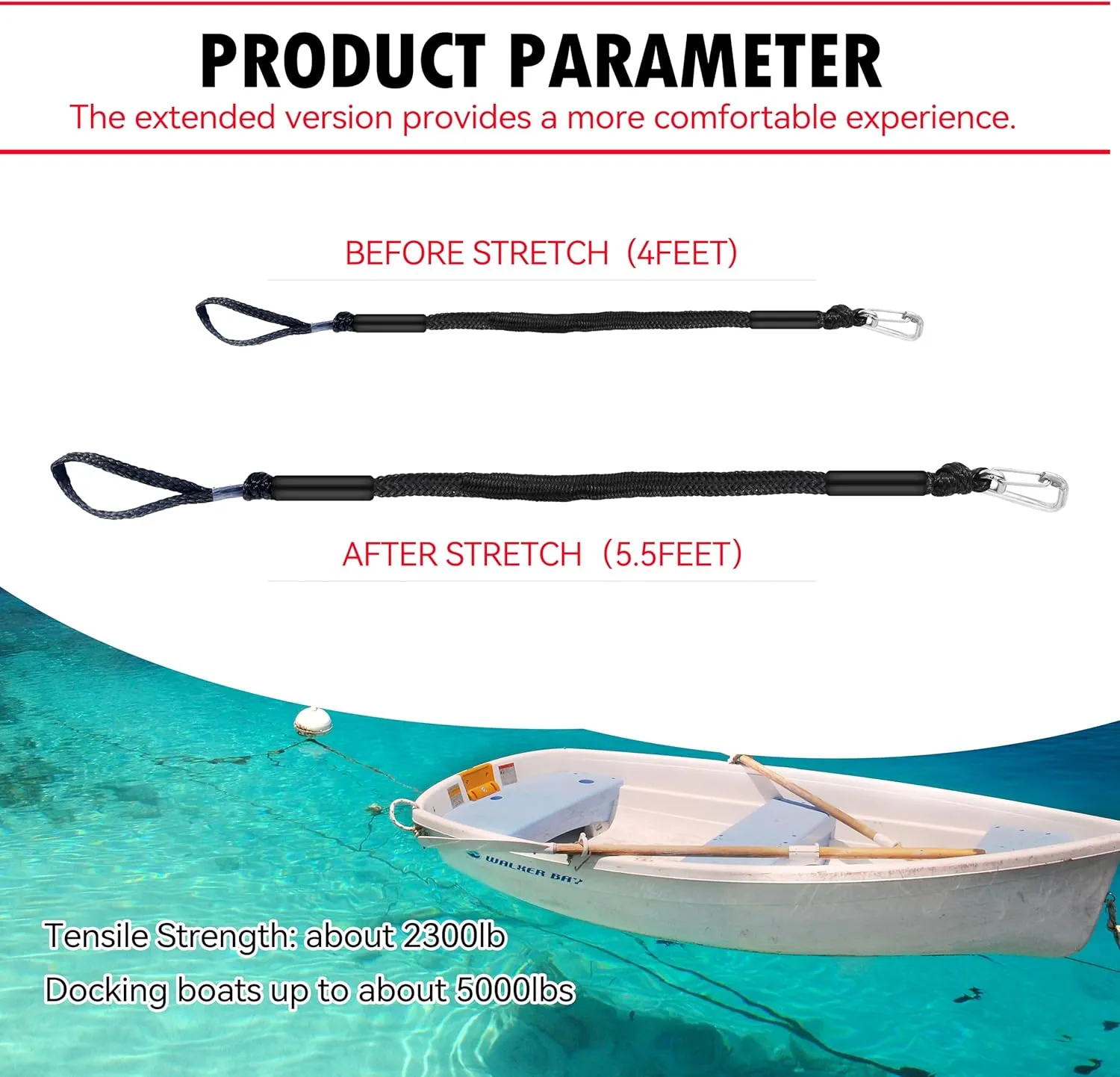 Bungee Dock Line with Stainless Steel Clip Boat Rope Mooring String with Foam Float for Docking,Kayak,Watercraft,SeaDoo,Jet Ski,Canoe,Pontoon Boat Accessories,4-5.5ft,2 Pack（Black）