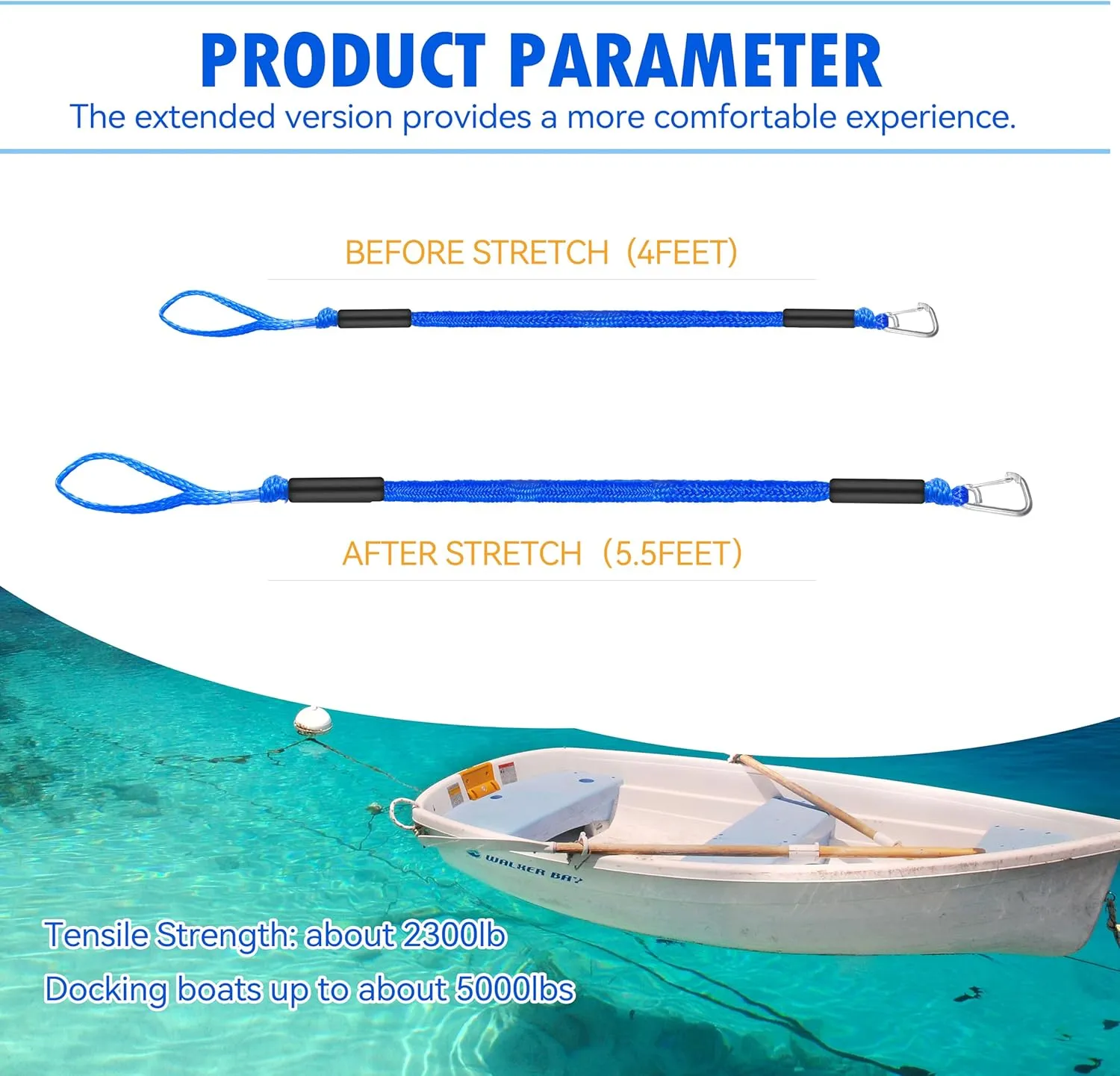 Bungee Dock Line with Stainless Steel Clip Boat Rope Mooring String with Foam Float for Docking,Kayak,Watercraft,SeaDoo,Jet Ski,Canoe,Pontoon Boat Accessories,4-5.5ft,2 Pack(Blue)