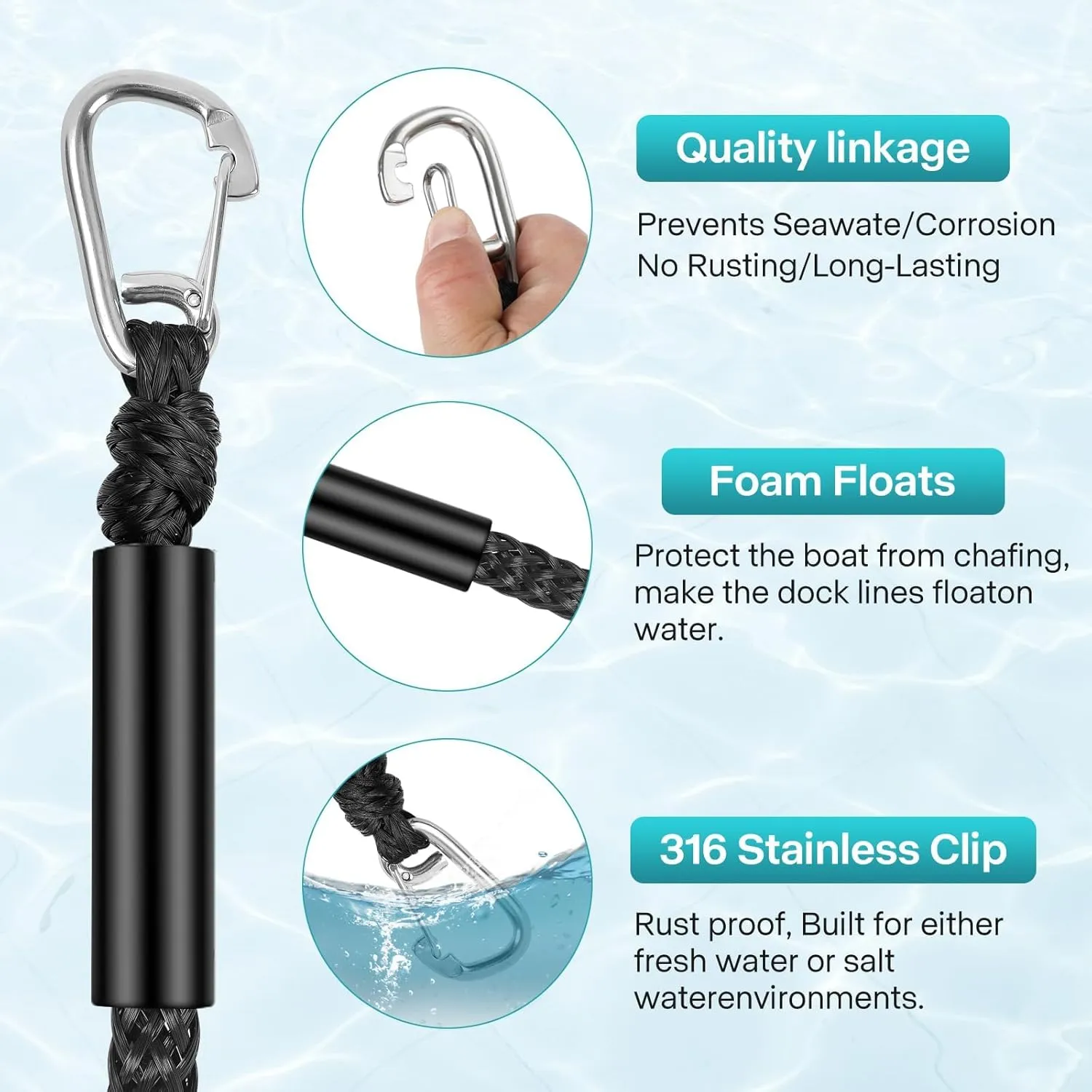 Bungee Dock Line with Stainless Steel Clip Boat Rope Mooring String with Foam Float for Docking,Kayak,Watercraft,SeaDoo,Jet Ski,Pontoon,Canoe,Power Boat Accessory,7-10ft