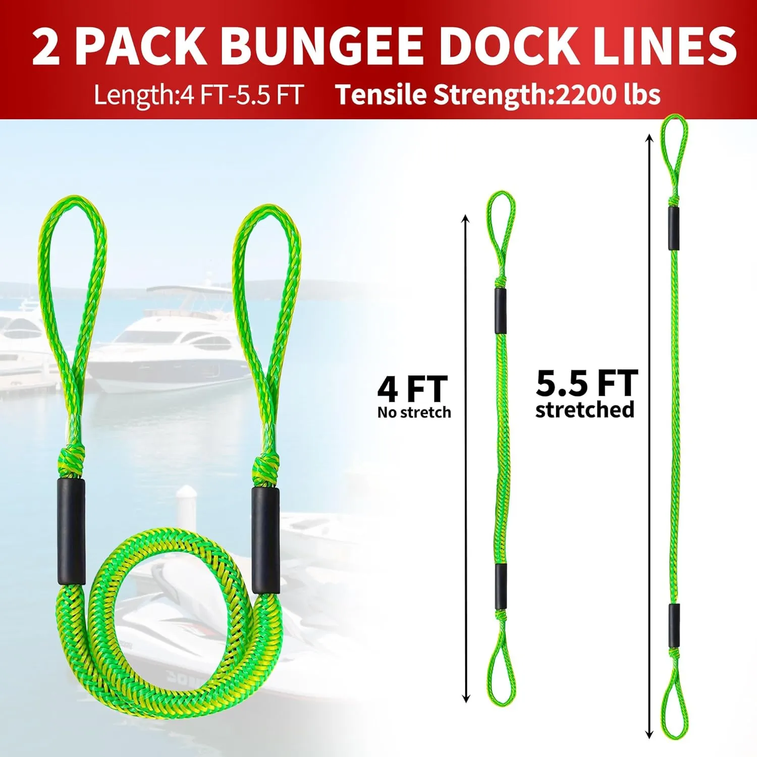 Bungee Dock Line,Boat Rope Stretchable Docking String with Foam Float for Pontoon Boat,Jet ski, seadoo,WaveRunner,Kayak,Boating Gifts for Men,2pack,4-5.5FT (Yellow&Green)