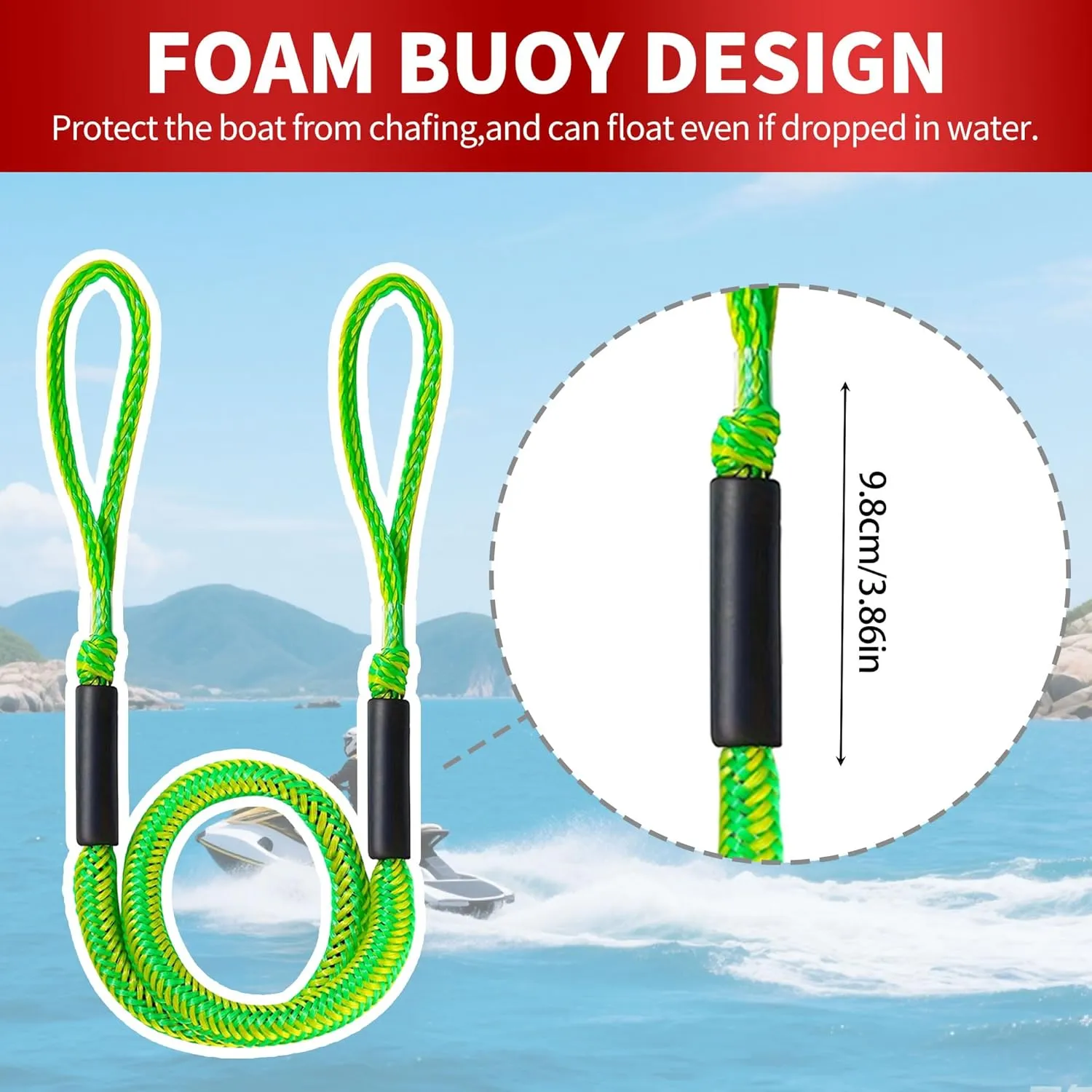 Bungee Dock Line,Boat Rope Stretchable Docking String with Foam Float for Pontoon Boat,Jet ski, seadoo,WaveRunner,Kayak,Boating Gifts for Men,2pack,4-5.5FT (Yellow&Green)